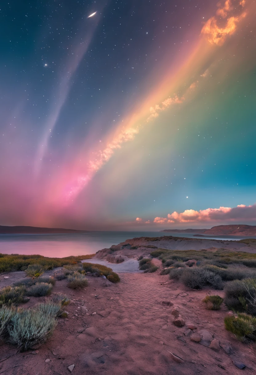 "Generates a wallpaper image in 4K resolution that shows a dream scenario. El fondo debe representar un cielo azul claro y brillante, con suaves nubes blancas dispersas. Justo en el centro del horizonte, quiero un arco iris vibrante y colorido que se extienda desde un lado al otro del cielo, con todos los colores claramente definidos y realistas.