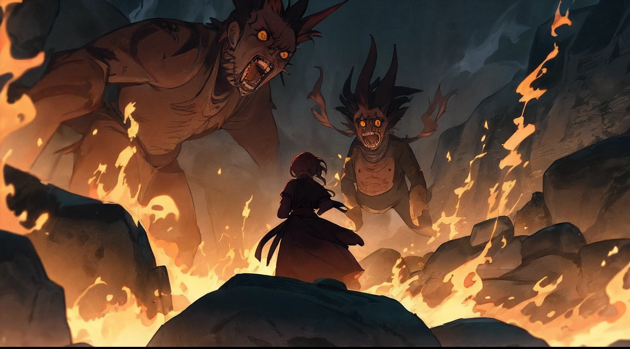 A trembling and frightened woman finds herself in the midst of a dark and hellish environment, where flames dance ominously on the stone walls, casting grotesque shadows around you. The air is impregnated with a suffocating heat and the odor of sulfur. Seus olhos arregalados refletem o terror enquanto ela olha ao redor, vendo figuras distorcidas e lamentos ecoando por toda parte. The muffled roar of a nearby lava stream adds to his anguish, enquanto o som de vozes lastimosas ecoa pelos corredores tortuosos. Ela treme diante das criaturas torcidas e deformadas que vagueiam pelas sombras, feeling completely vulnerable in this hellish scenario.