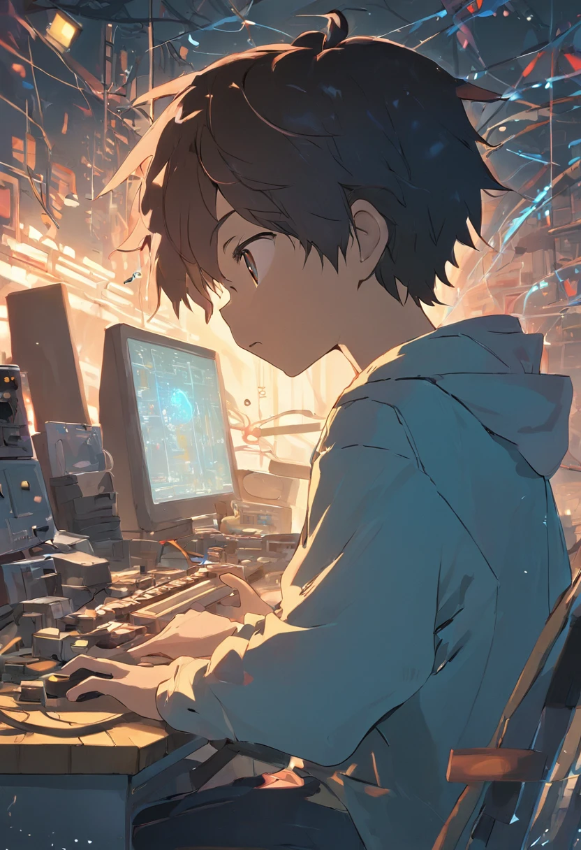 A nerdy ??? is programming on a computer in a room full of gadgets, Por Makoto Shinkai e Ghibli Studio, dramatic lighting, altamente detalhado, amazing quality, pele escura, Conical fading