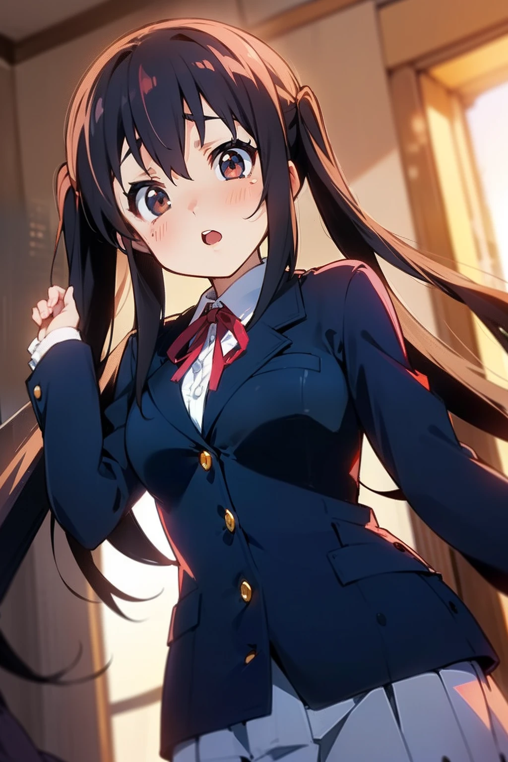 1girl, (((masterpiece))), highest quality, best quality, high detail, nakano azusa, 1girl, sakuragaoka high school uniform, school uniform, twintails, long hair, black hair, brown eyes, solo, red , a navy blue blazer with red narrow ribbon, a solid white buttoned shirt under the blazer, illustration, cartoon, soothing tones, calm colors, soft cinematic light, adobe lightroom, photolab, hdr, intricate, highly detailed, ((((depth of field)))). (((takeout))).dynamic focus.(((big breasts))).(((Skyscrapers))).(((A city scape))).(((Face of sadness))). open mouth.(((lie on one's side))).(((up chest))).((evening glow)).((the setting sun)).