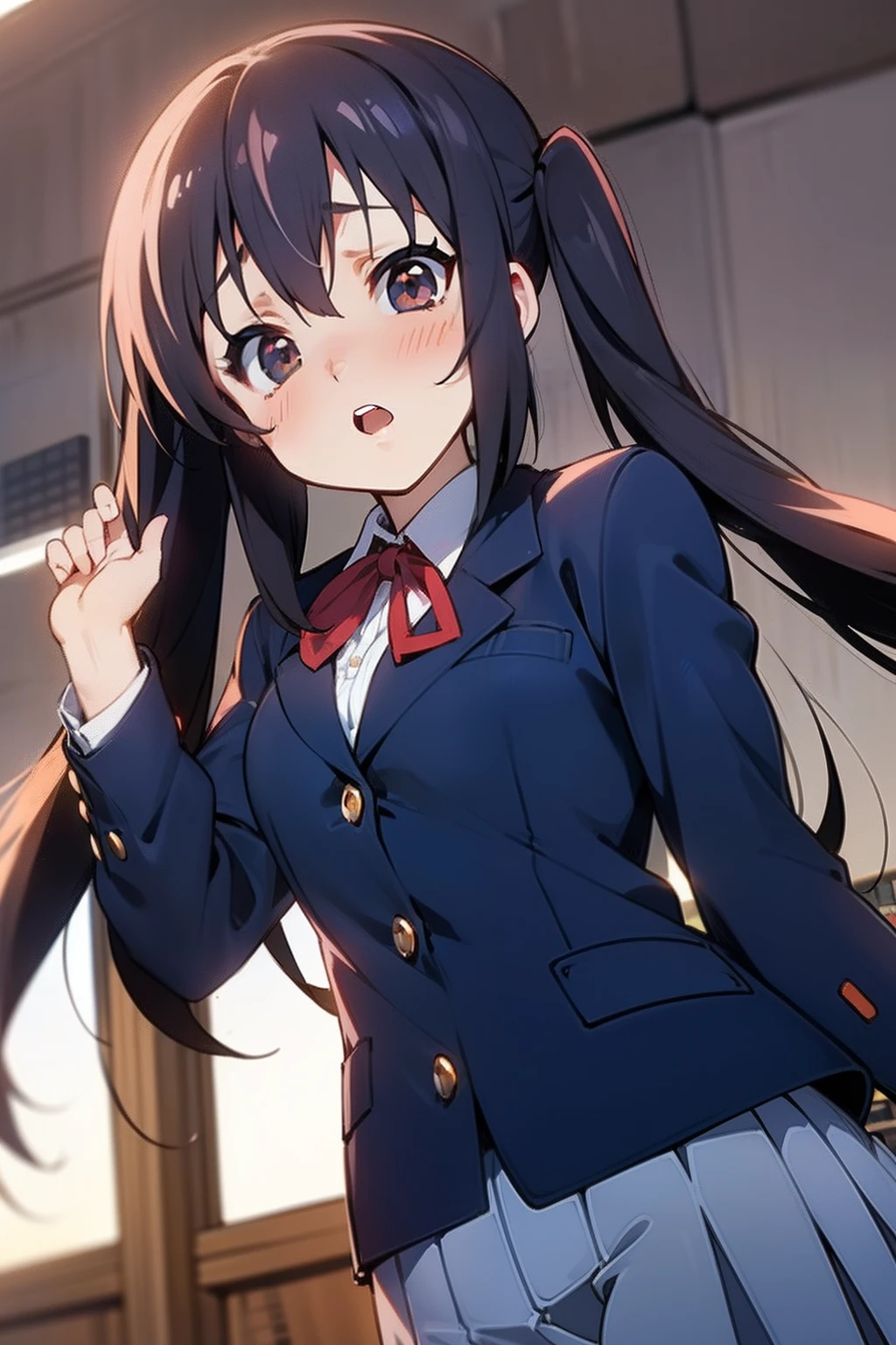 1girl, (((masterpiece))), highest quality, best quality, high detail, nakano azusa, 1girl, sakuragaoka high school uniform, school uniform, twintails, long hair, black hair, brown eyes, solo, red , a navy blue blazer with red narrow ribbon, a solid white buttoned shirt under the blazer, illustration, cartoon, soothing tones, calm colors, soft cinematic light, adobe lightroom, photolab, hdr, intricate, highly detailed, ((((depth of field)))). (((takeout))).dynamic focus.(((big breasts))).(((Skyscrapers))).(((A city scape))).(((Face of sadness))). open mouth.(((lie on one's side))).(((up chest))).((evening glow)).((the setting sun)).