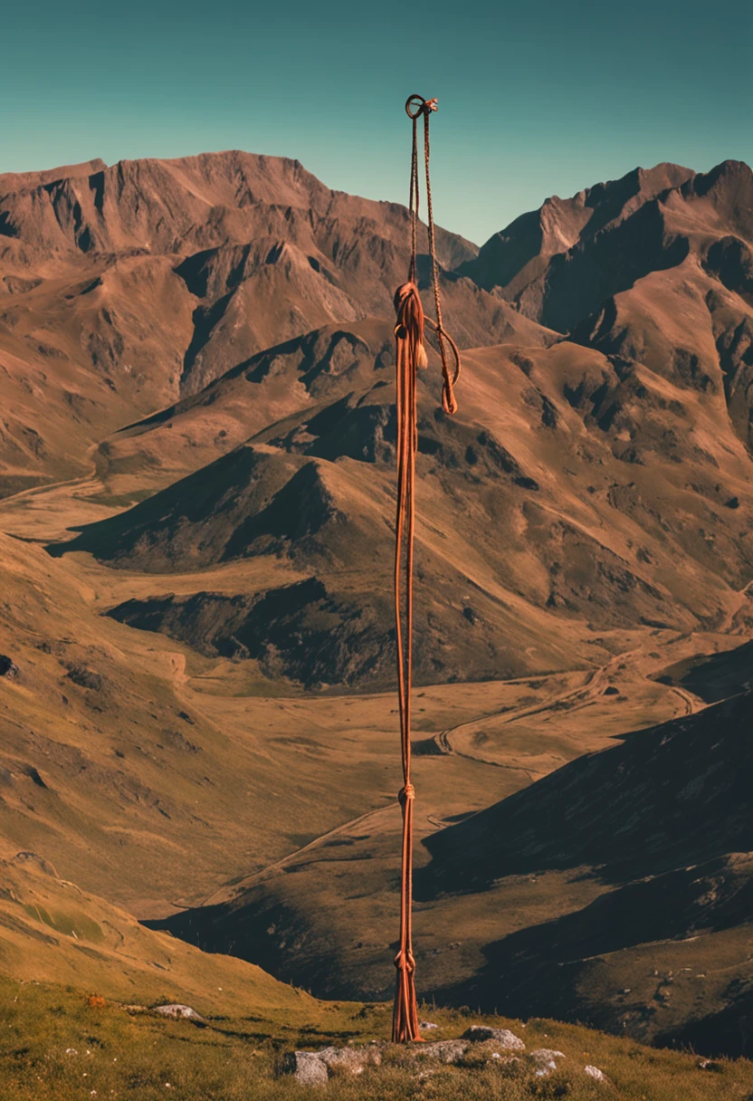 um dia ensolarado, Far view of two mountains connected by a rope, montanhas com muito verde, imagem realista, 4k, blue skies, sem nuvens, uma pessoas se equilibrando em uma corda entre as montanhas, equilibrista.