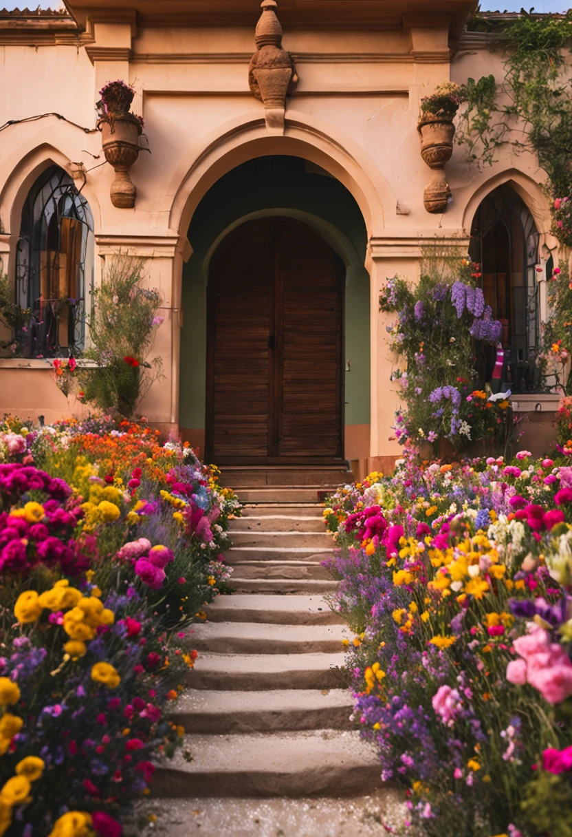 Bajo el arco iris, quiero un arco de flores que se eleve desde un campo de hierba verde exuberante. Este arco de flores debe estar cubierto de flores en tonos pastel, como rosas, lavanda, y margaritas, all of them in their maximum beauty and detail.