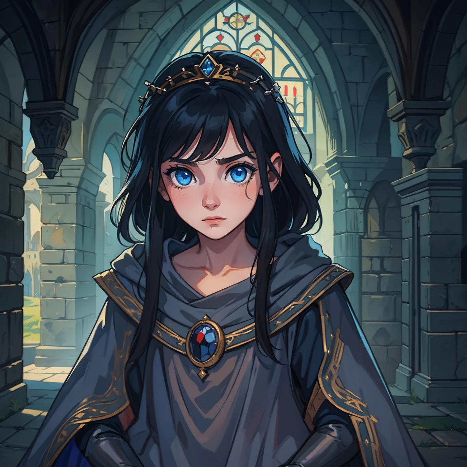 a portrait of a young teenage girl, a child, an elegant princess with blue eyes and black hair, an NPC for a medieval RPG wearing medieval costumes in a medieval art RPG art, an approximate art in a medieval castle, this child has a dark aura, she is evil;