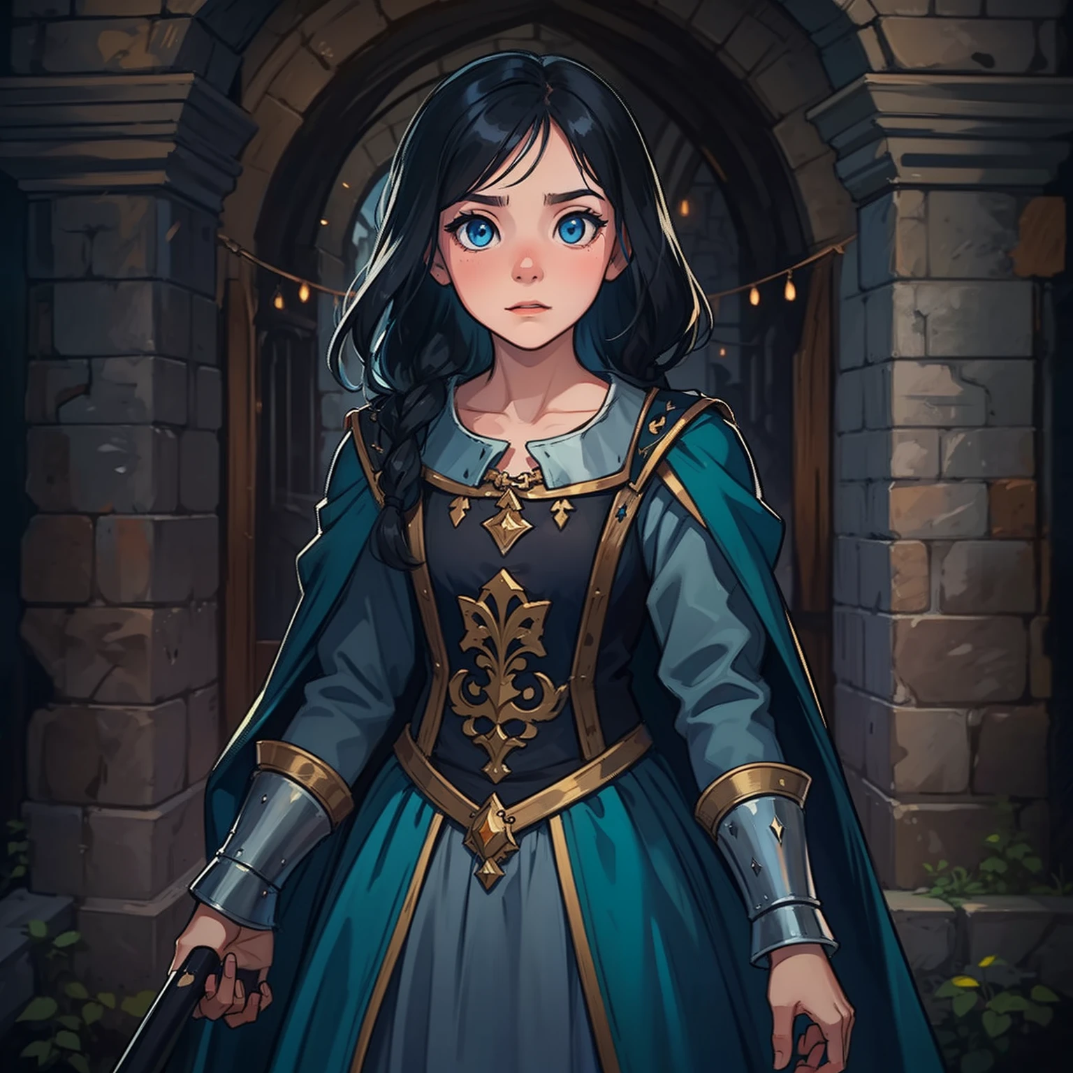 a portrait of a young girl, a child, egant princess with blue eyes and black hair, an NPC for a medieval RPG wearing medieval costumes in a medieval art RPG art, an approximate art in a medieval castle, this child has a aura, she is evil;