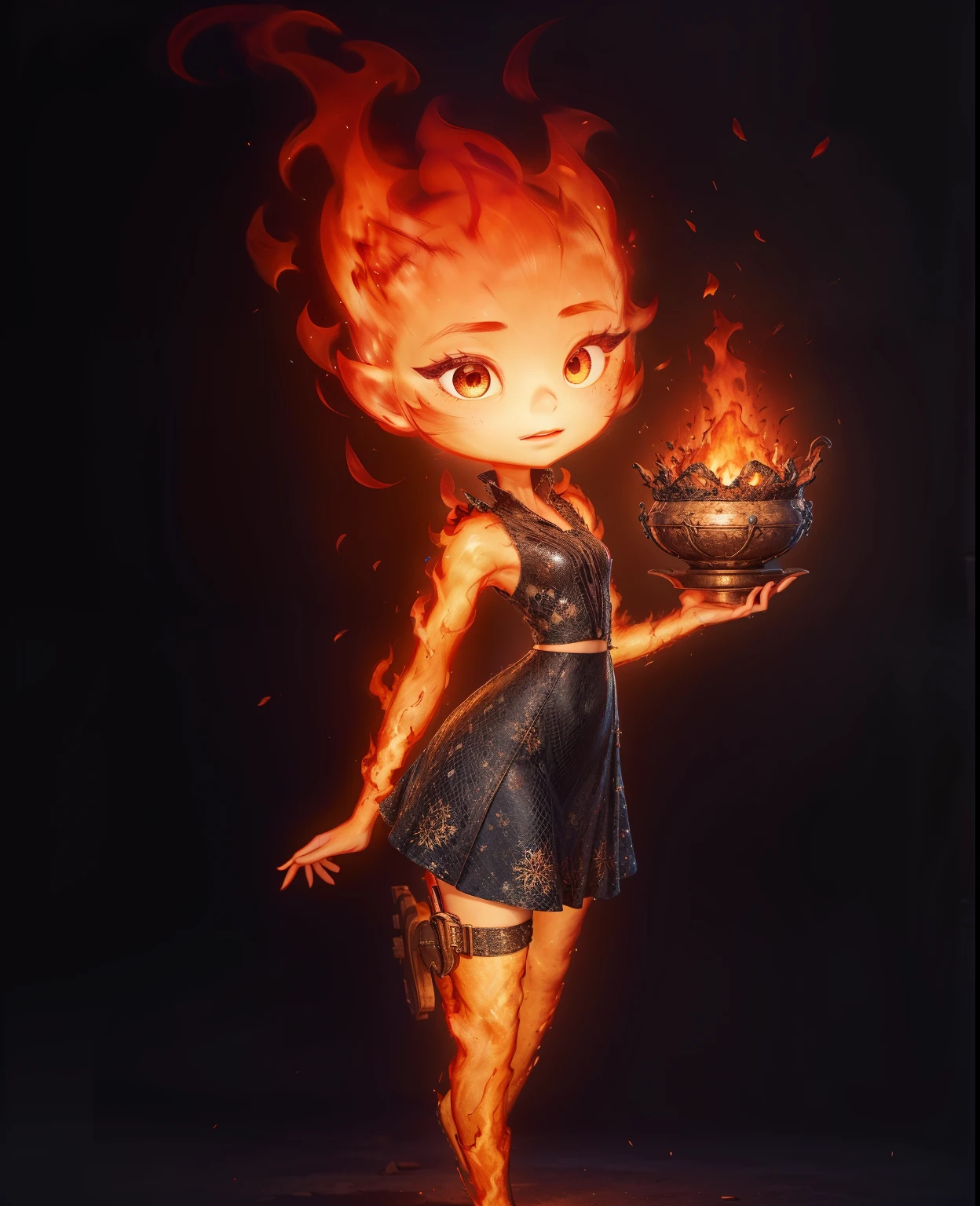 (best quality, masterpiece, detailed face, beautiful detailed eyes), Ember, girl made of fire, 1girl, (solo),standing, ((fullbody)), dark background,