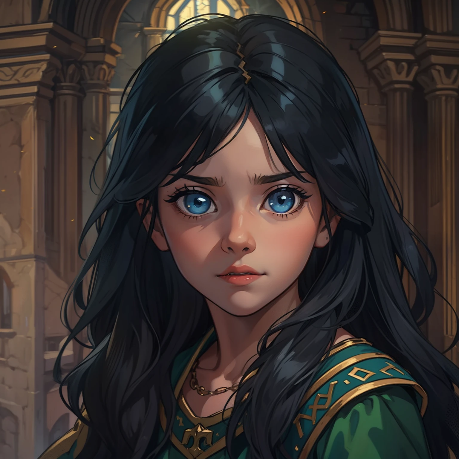 a portrait of a young teenage girl, a , girl, an elegant princess with blue eyes and black hair, wearing a green dress like a princess, an NPC for a medieval RPG wearing medieval costumes, in a medieval art RPG art, an approximate art in a medieval castle; although it is a childs child has k aura, she is evil;