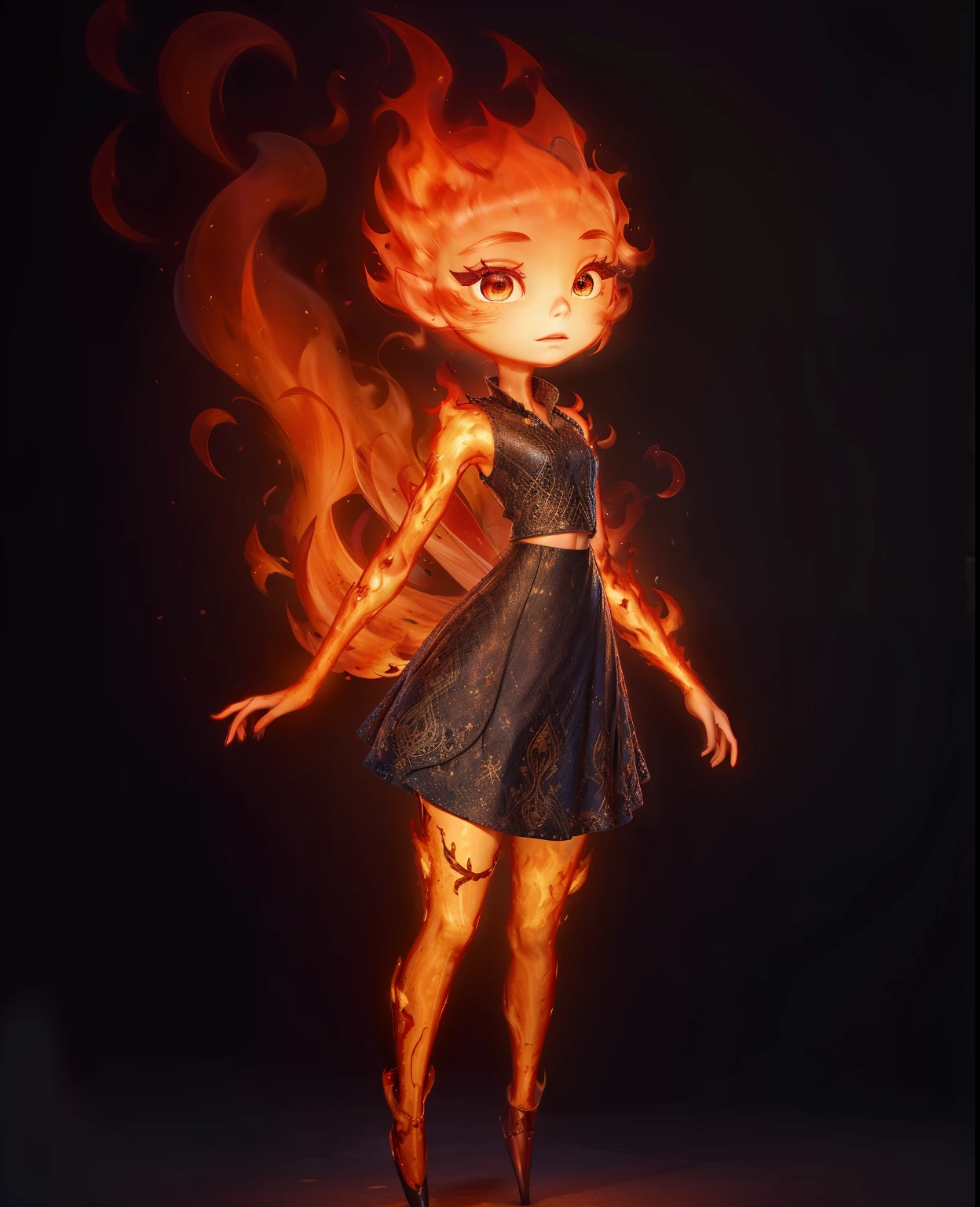 (best quality, masterpiece, detailed face, beautiful detailed eyes), Ember, girl made of fire, 1girl, (solo),standing, ((fullbody)), dark background,