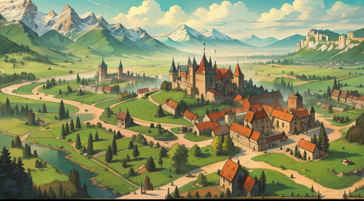 an impressive landscape a medieval kingdom with a simple city of wooden houses around a castle a city in the middle of the plains of green lawn surrounded by mountains a city of a medieval kingdom a medieval art a realistic art of an incredible landscape surrounded by grandiose mountains impressive landscape