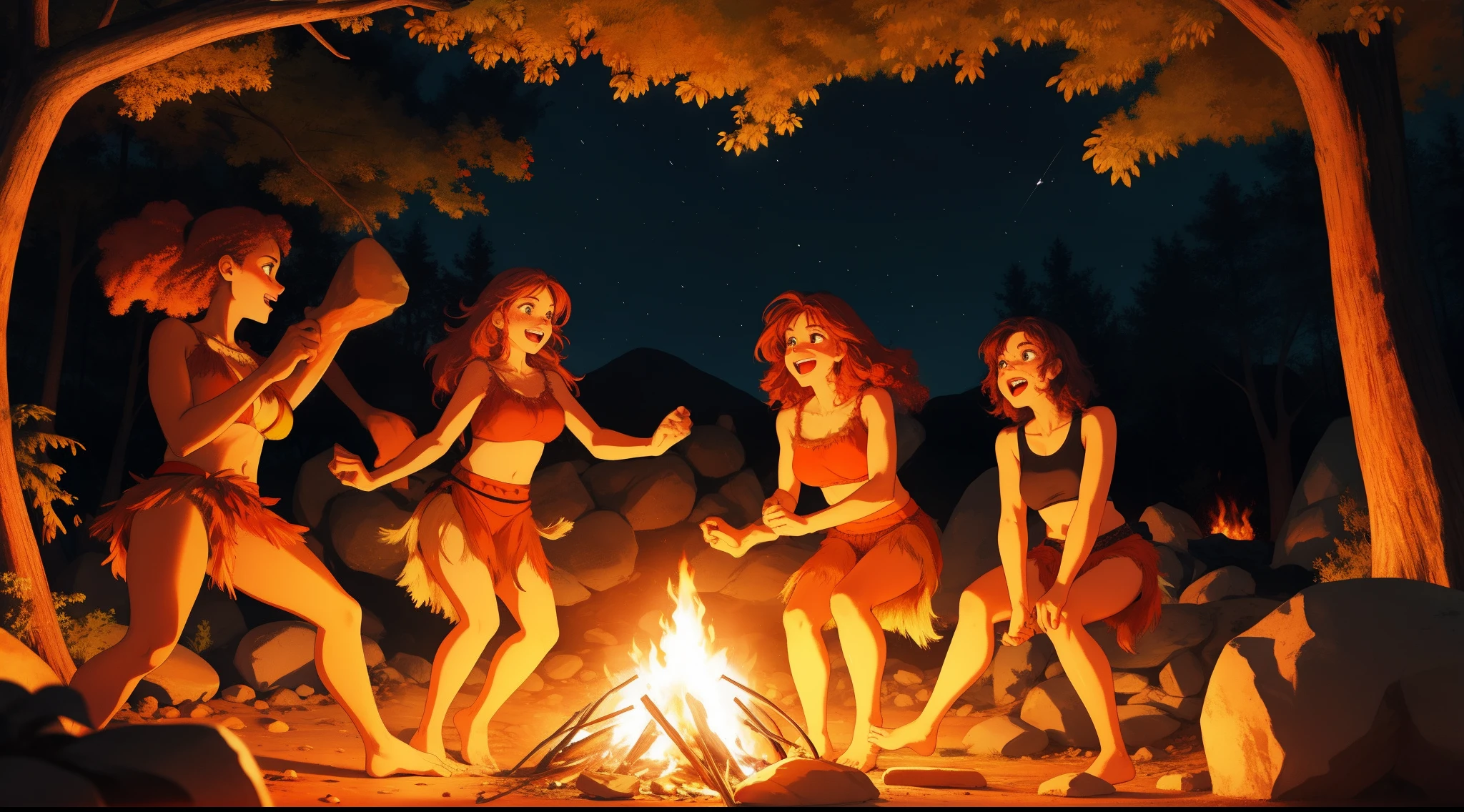 cavewomen dance around the campfire at night