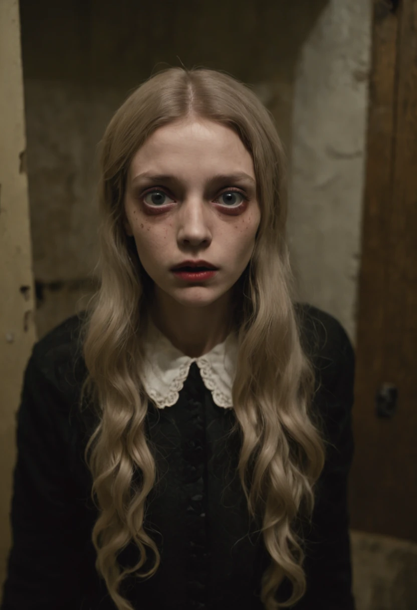 color photo of a scared Austrian-Brazilian girl, her face pale and contorted with fear, her wide eyes filled with terror. Her blonde hair hangs in disarray around her, adding to the sense of chaos and unease. She is captured in the ghoulish and satanist room, a place of darkness and malevolence. Sinister figures loom in the background, their shadowy forms adding to the eerie atmosphere. The room itself is adorned with occult symbols, the walls covered in faded and peeling wallpaper that seems to whisper secrets of the dark. The low-quality camera from 2004 struggles to capture the scene, resulting in a grainy and distorted image. The picture carries a sense of urgency and rawness, as if it was hastily taken in a moment of terror. The grain adds a gritty texture, intensifying the unsettling mood of the photograph. The color film used casts a muted and somber tone, enhancing the eerie ambiance of the room. This juxtaposition of fear, the macabre setting, the grainy quality, and the vintage aesthetic of the camera creates a chilling and haunting image. Directors: David Lynch, Guillermo del Toro, Stanley Kubrick Cinematographers: Roger Deakins, Emmanuel Lubezki, Darius Khondji Photographers: Diane Arbus, Francesca Woodman, Cindy Sherman Fashion Designers: Alexander McQueen, Rick Owens, Gareth Pugh ::n_bad anatomy, mutation, mutilation, deformity, poorly drawn, extra arms, extra legs, missing arms, missing legs, mutated hands, mutated feet, fused fingers, extra fingers, long neck, disfigured features, gross proportions, asymmetrical, blurry, ugly, extra eye, missing eye, deformed skull, malformed limbs, mutated mouth, missing teeth, extra teeth, malformed teeth, gross, disgusting, deformed spine, distorted bones, missing bones, out of frame, low resolution, low quality, normal quality, jpeg artifacts, signature, watermark, username, text, error, missing components, extra components, cropped, worst quality, low-res, bad proportions