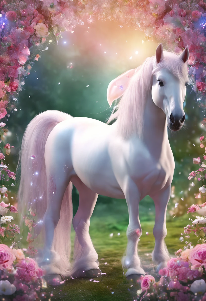 En la base del arco de flores, justo al lado de la hierba, quiero un unicornio majestuoso y superrealista. El unicornio debe ser blanco como la nieve, con crin y cola flotantes en tonos de arco iris para que coincidan con el arco iris en el cielo. Sus ojos deben reflejar una mirada sabia y amigable.

The background as a whole should have a sense of magic and wonder, as if the viewer is about to enter a fantasy world. Resolution must be 4K to ensure maximum image quality. ¡Please, Make sure every detail, from flower petals to unicorn fur, Be extremely realistic and captivating to create a truly magical experience!"