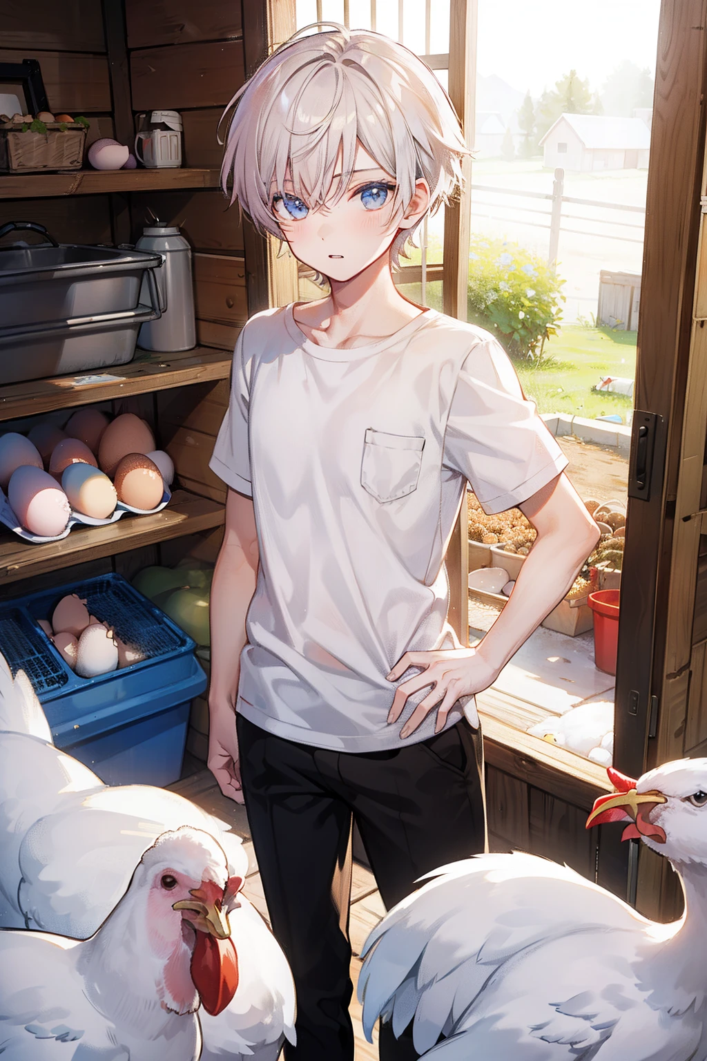 Take eggs in the chicken coop twinks male people short hair
