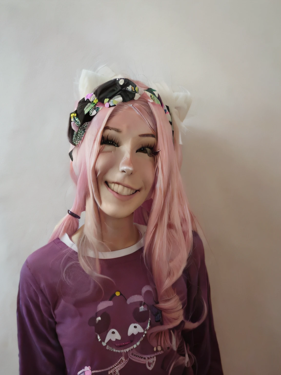 Arafed girl with pink hair and a smiling headband, wearing a pink head band, pink headband, wearing a headband, com cabelo rosa, flowing pink hair, long flowing pink hair, wearing pink hair bow, cabelo rosa longo, cabelo rosa, cabelo longo chiclete, cabelo rosa coberto com grampos de cabelo, wearing the number 1 headband, Faixa de cabelo groovy