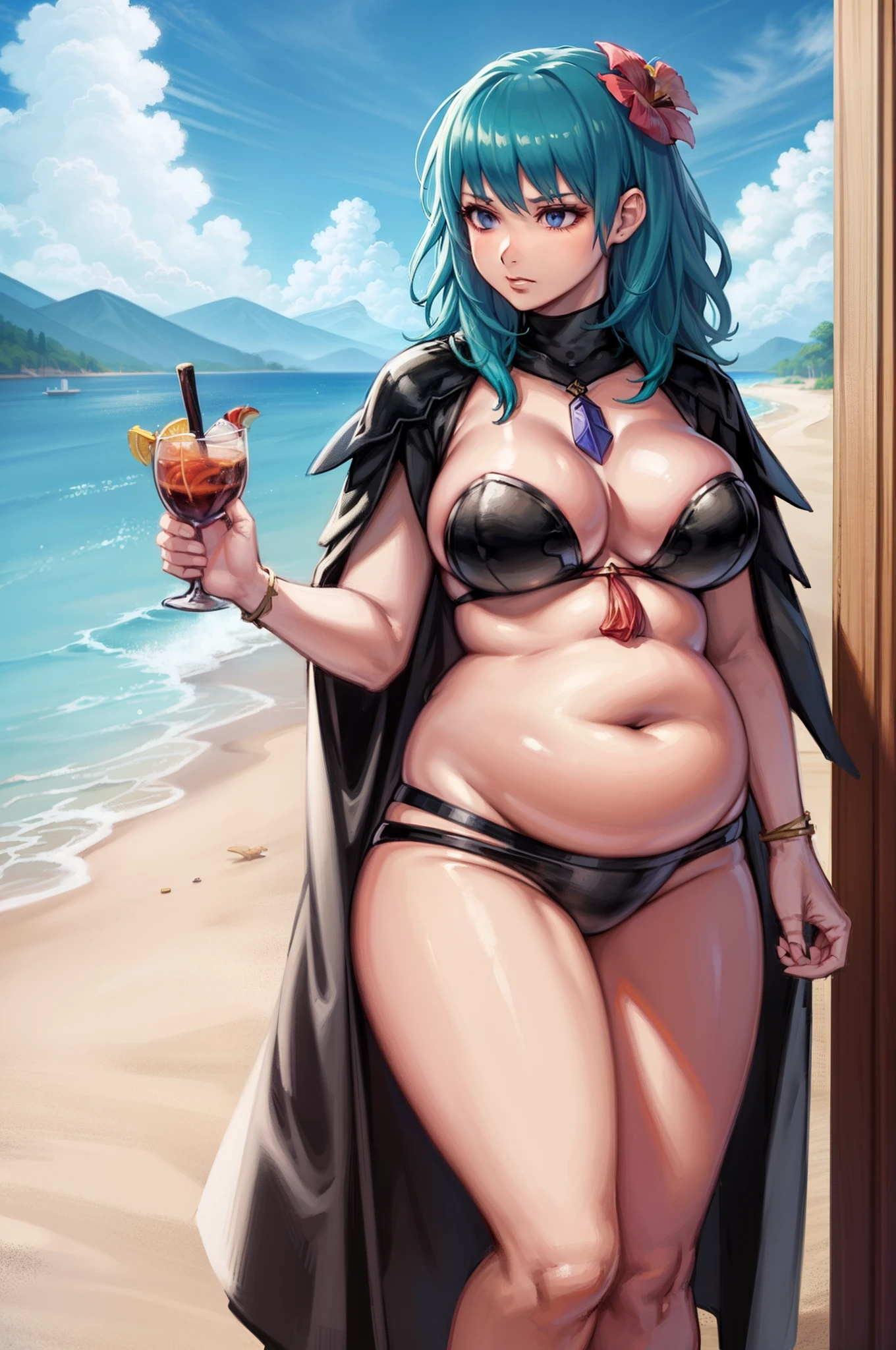 (masterpiece, best quality), 1girl, gigantic breasts, fembyleth_summer, capelet, necklace, black bikini, hair flower, tassel, belt, beach, huge belly, art by kipteitei,