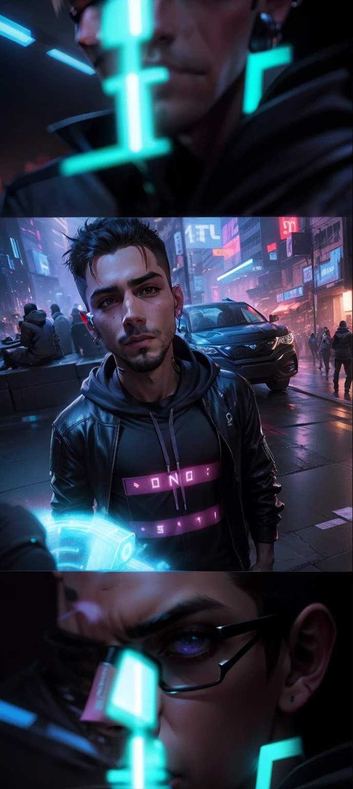 Change background cyberpunk handsome boy wearing hoodies. Realistic face 4k