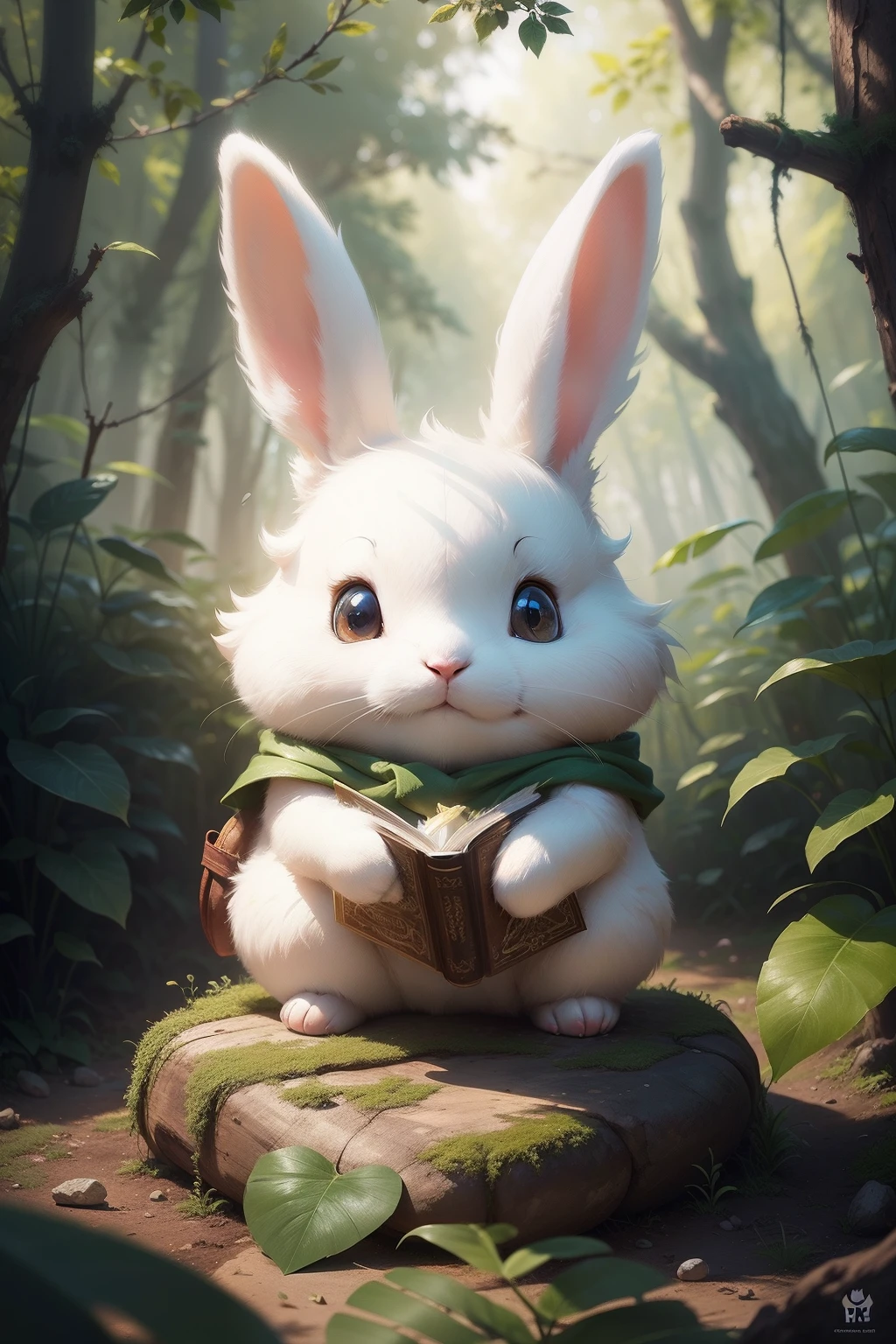 There is a white rabbit sitting in the middle of a forest, criatura fofa da floresta, painting digital adorable, arte digital detalhada bonito, Wojtek FUS, Rabbt_character, cute anthropomorphic bunny, bela arte digital, Astri Lohne, Uma floresta com coelhos, Directed by: Ryan Yee, Arte infantil em Artstation, anthropomorphic bunny, Book in hands