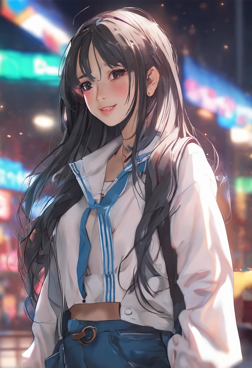 "Image Quality: 8K (Best Quality Scale: 1.2),A conon camera on her neck ,Artistic Style: Realistic, Photorealistic Factor: 1.37, Clarity: Ultra High Definition, Subject: Girl (16 yrs long hair, neon color, Pleasant Smile, Korean white school uniform