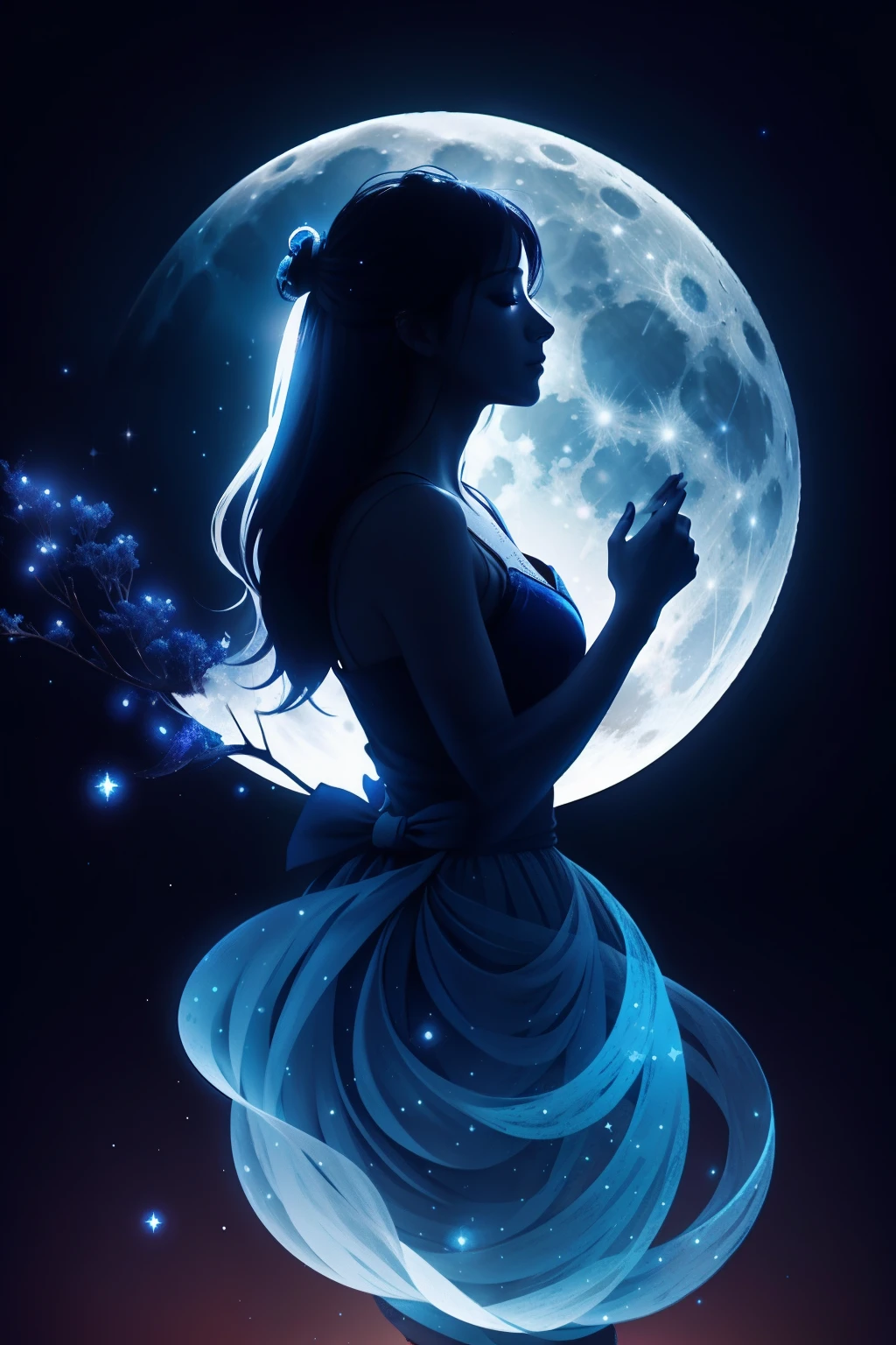 Blue Full Moon､woman silhouette、constellation、water background､Mystical