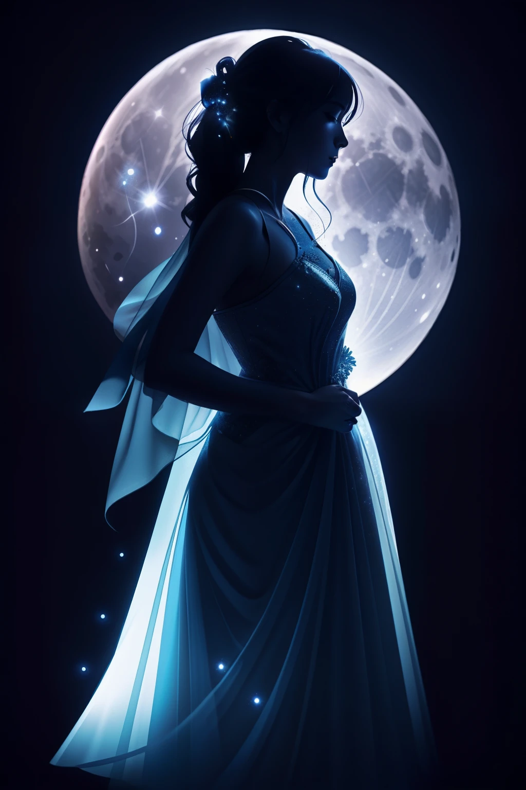 Blue Full Moon、woman silhouette、constellation、water background、Mystical