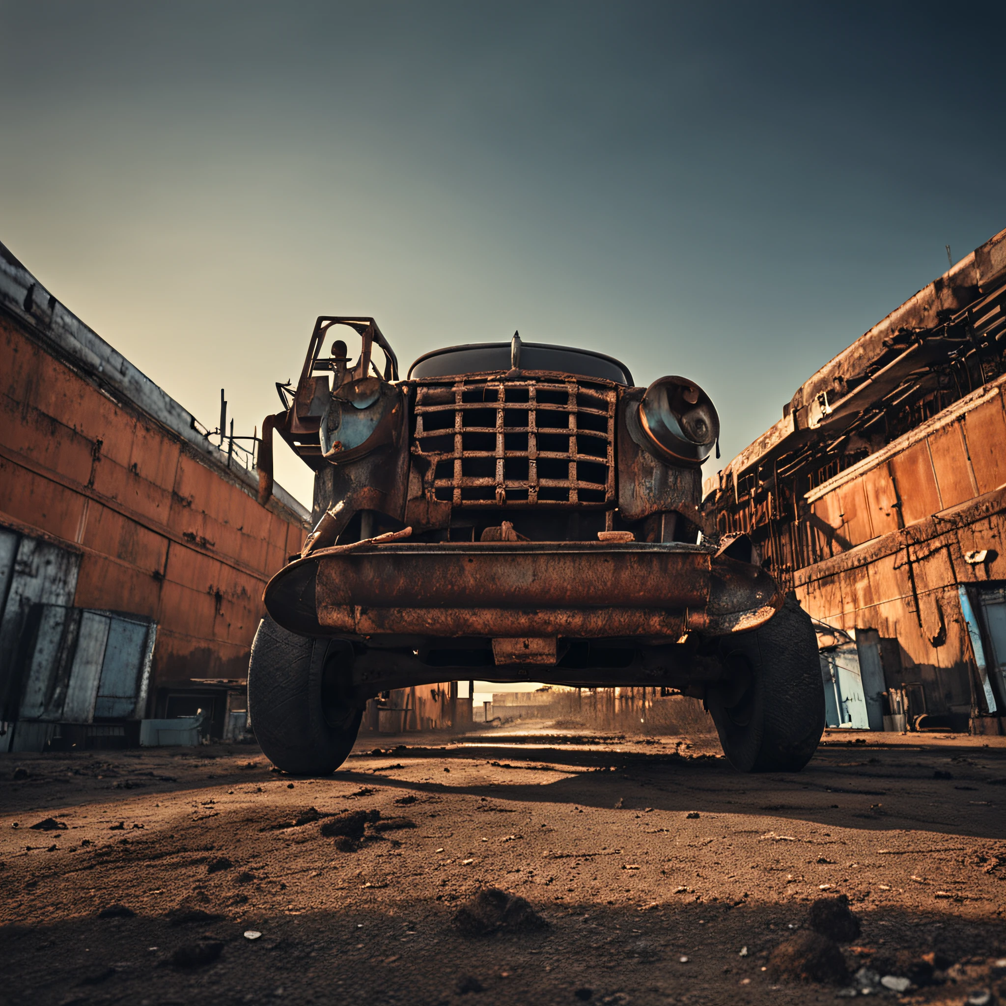 detailed photo, shot from front, industrial construction, post-apocalyptic, industrial, (old metal, rust:1.35) decay, bleakness, mad max style, fine details, twilight