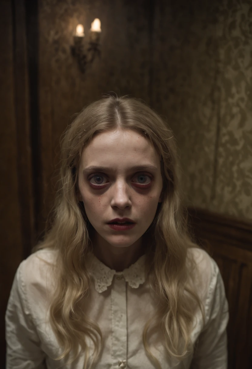 color photo of a scared Austrian-Brazilian girl, her face pale and contorted with fear, her wide eyes filled with terror. Her blonde hair hangs in disarray around her, adding to the sense of chaos and unease. She is captured in the ghoulish and satanist room, a place of darkness and malevolence. Sinister figures loom in the background, their shadowy forms adding to the eerie atmosphere. The room itself is adorned with occult symbols, the walls covered in faded and peeling wallpaper that seems to whisper secrets of the dark. The low-quality camera from 2004 struggles to capture the scene, resulting in a grainy and distorted image. The picture carries a sense of urgency and rawness, as if it was hastily taken in a moment of terror. The grain adds a gritty texture, intensifying the unsettling mood of the photograph. The color film used casts a muted and somber tone, enhancing the eerie ambiance of the room. This juxtaposition of fear, the macabre setting, the grainy quality, and the vintage aesthetic of the camera creates a chilling and haunting image. Directors: David Lynch, Guillermo del Toro, Stanley Kubrick Cinematographers: Roger Deakins, Emmanuel Lubezki, Darius Khondji Photographers: Diane Arbus, Francesca Woodman, Cindy Sherman Fashion Designers: Alexander McQueen, Rick Owens, Gareth Pugh ::n_bad anatomy, mutation, mutilation, deformity, poorly drawn, extra arms, extra legs, missing arms, missing legs, mutated hands, mutated feet, fused fingers, extra fingers, long neck, disfigured features, gross proportions, asymmetrical, blurry, ugly, extra eye, missing eye, deformed skull, malformed limbs, mutated mouth, missing teeth, extra teeth, malformed teeth, gross, disgusting, deformed spine, distorted bones, missing bones, out of frame, low resolution, low quality, normal quality, jpeg artifacts, signature, watermark, username, text, error, missing components, extra components, cropped, worst quality, low-res, bad proportions