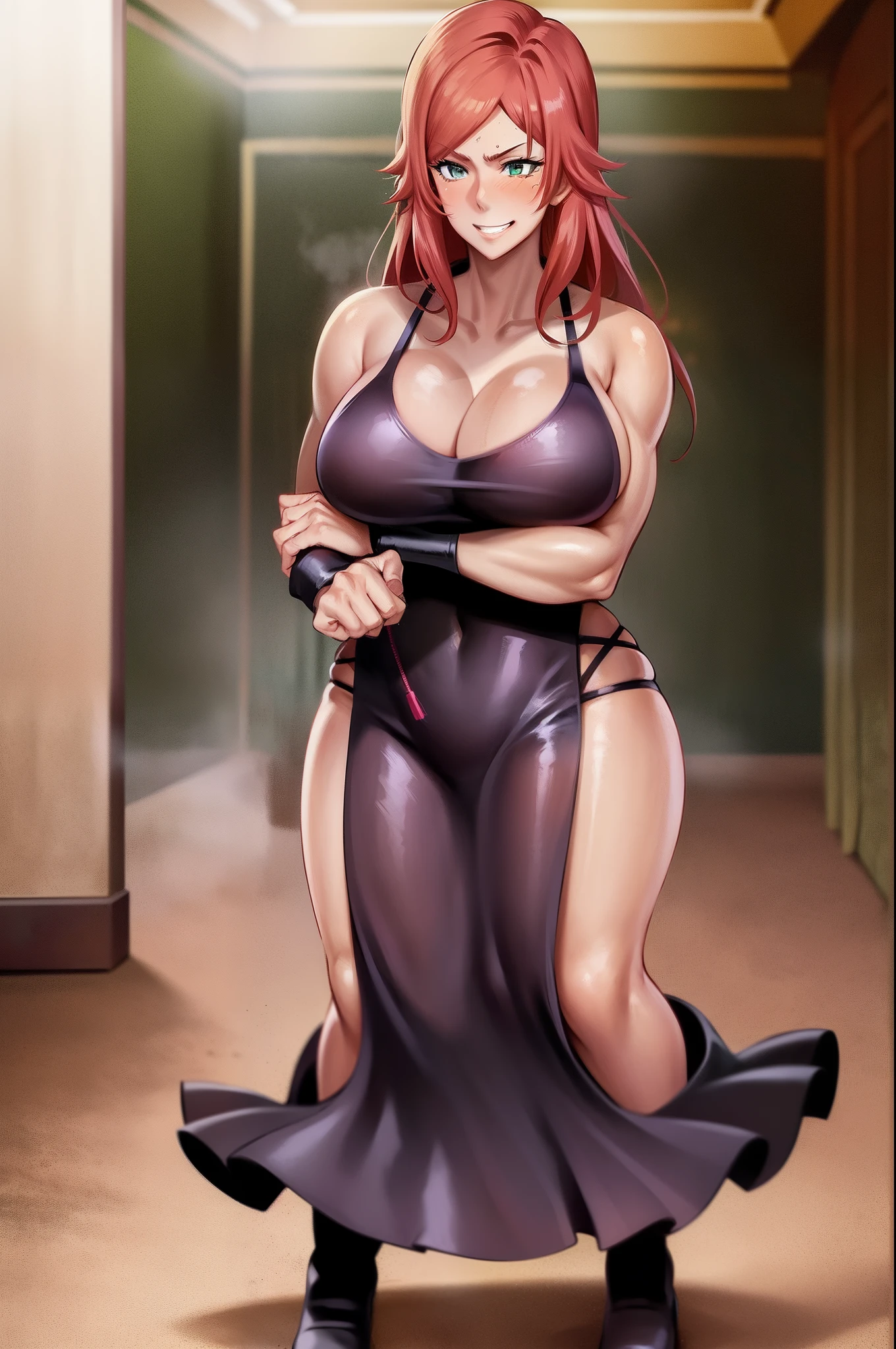 art haikawahemulen, muscle girl, tomboy, red hair, long hair, crazy smile, living hair, blush, green eyes,long dress