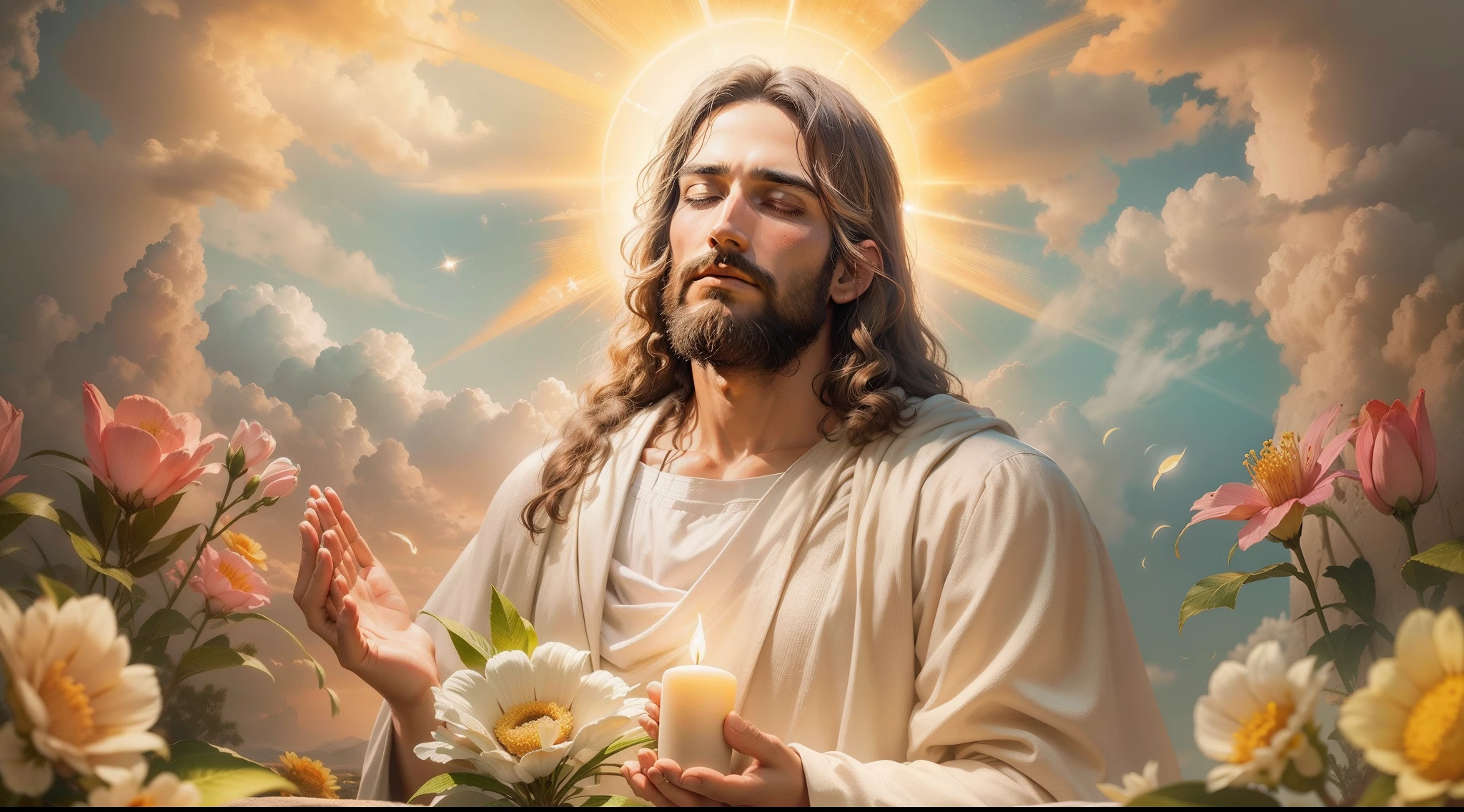 Closeup of an image of Jesus Christ praying and blessing, perfeito, Reslistic, Biblical setting, celestial scenery, sol e nuvens ultras realistas, flores e velas, Jesus illuminated from heaven, Passes in the background, flores coloridas, velas acesas