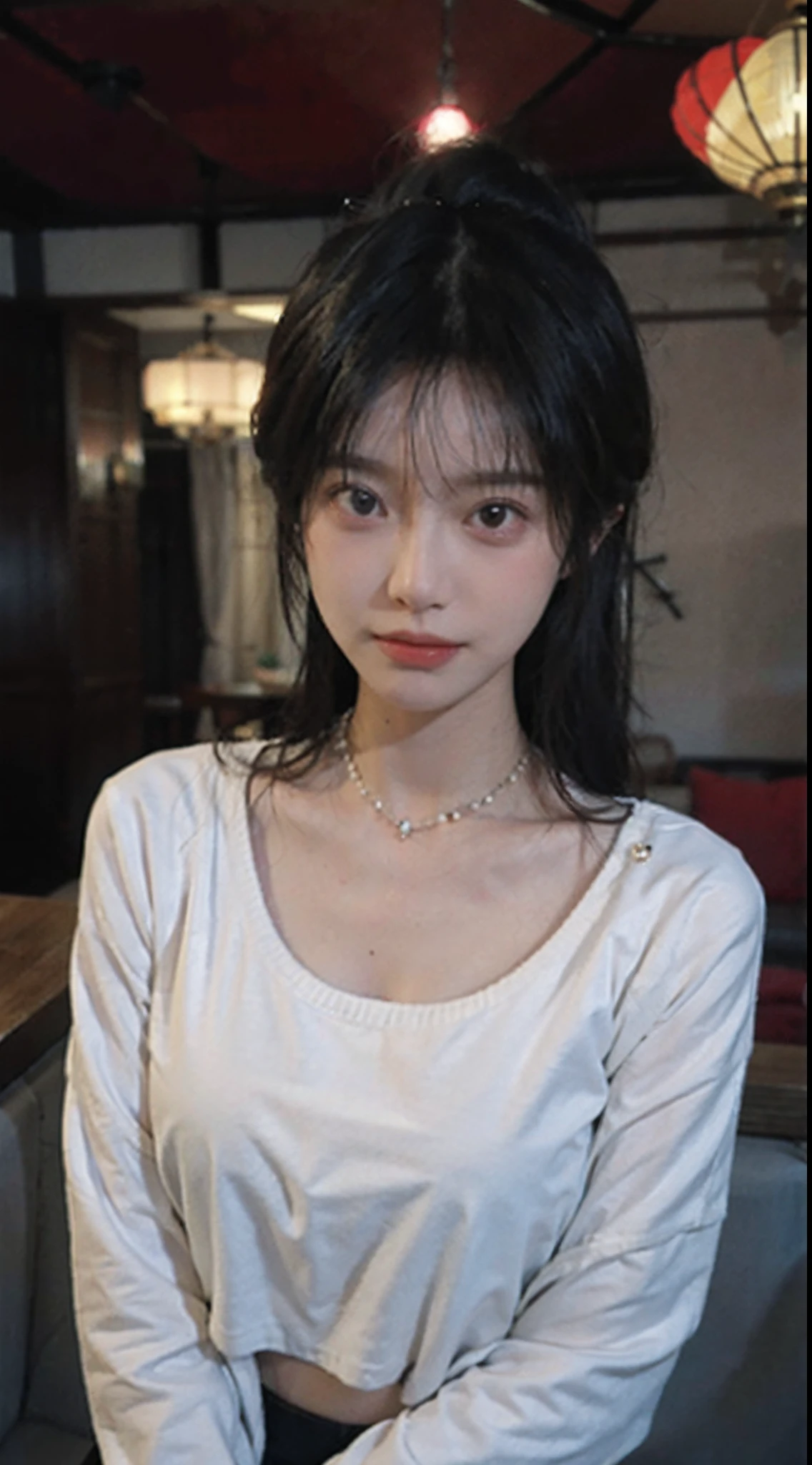 best qualtiy， 超高分辨率， （realisticlying：1.4），Baoyu Girl，1girll, with long coiled hair，Blushlush，Looking into the distance，nedium breasts，Cropped red sweater，a sense of atmosphere，Beautiful woman with a slim figure:1.4, Abs，Ultra-fine face，Elaborate Eyes，二重まぶた，choker necklace