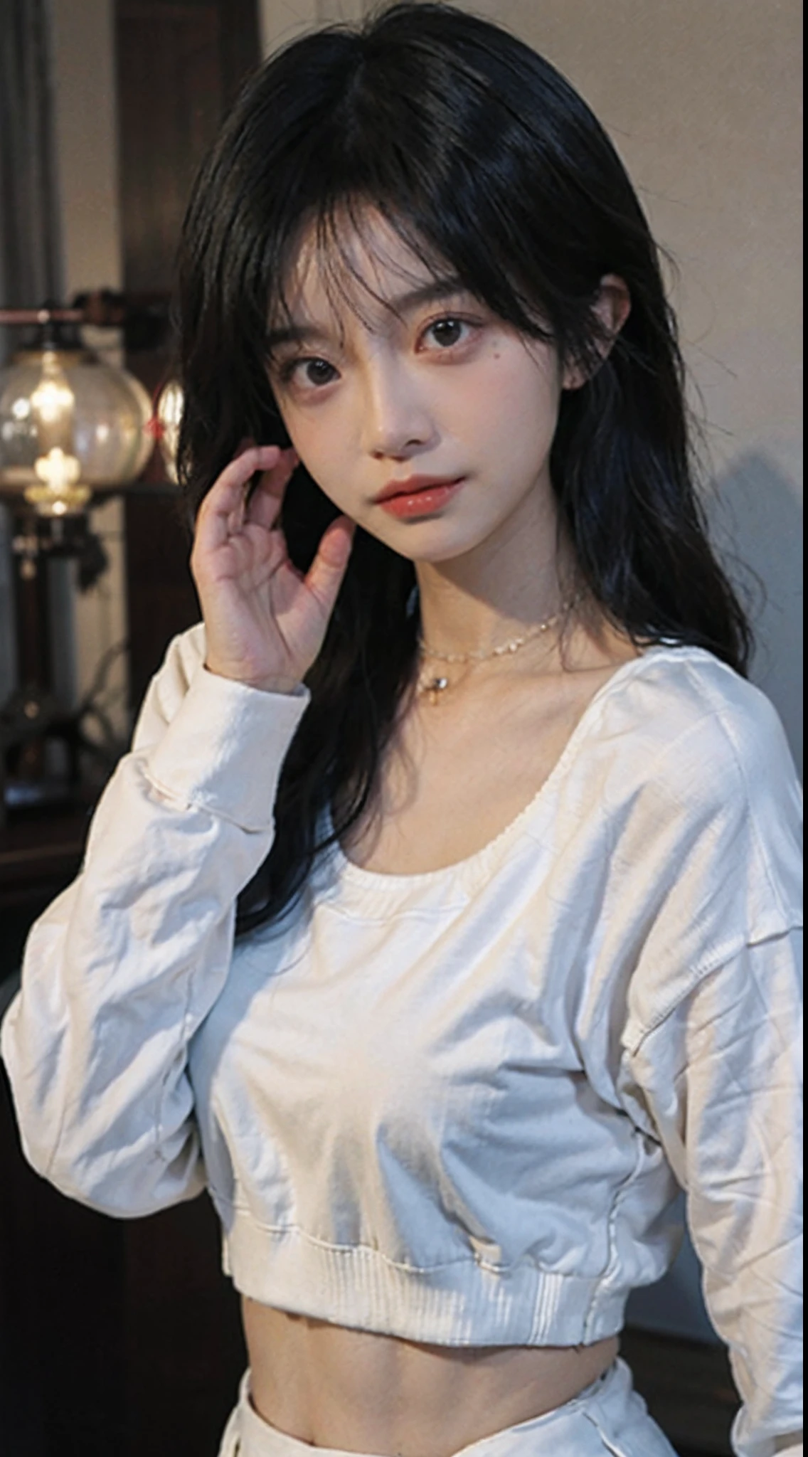 best qualtiy， 超高分辨率， （realisticlying：1.4），Baoyu Girl，1girll, with long coiled hair，Blushlush，Looking into the distance，nedium breasts，Cropped red sweater，a sense of atmosphere，Beautiful woman with a slim figure:1.4, Abs，Ultra-fine face，Elaborate Eyes，二重まぶた，choker necklace