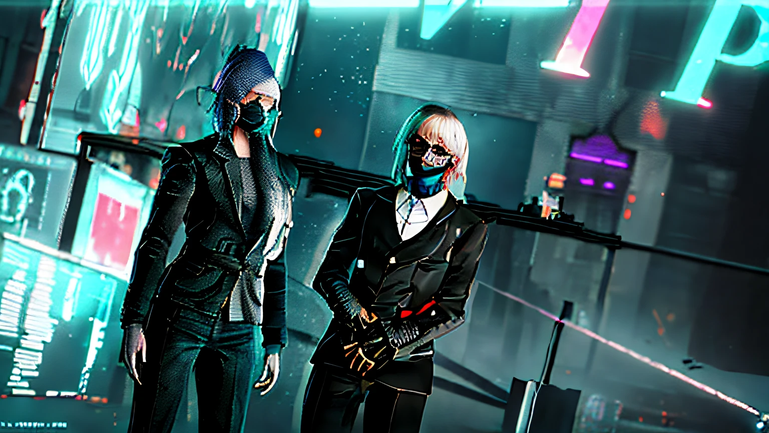 There are two women in black suits side by side, medium shot of two characters, 2 b, 2b, Captura de tela de jogabilidade de moda, VRCabord, captura de tela digital, videogame ainda, Captura de tela do videogame>, inspired by Adélaïde Victoire Hall, em cyber punk 2077, olhando desta forma, Captura de tela do videogame de 2020