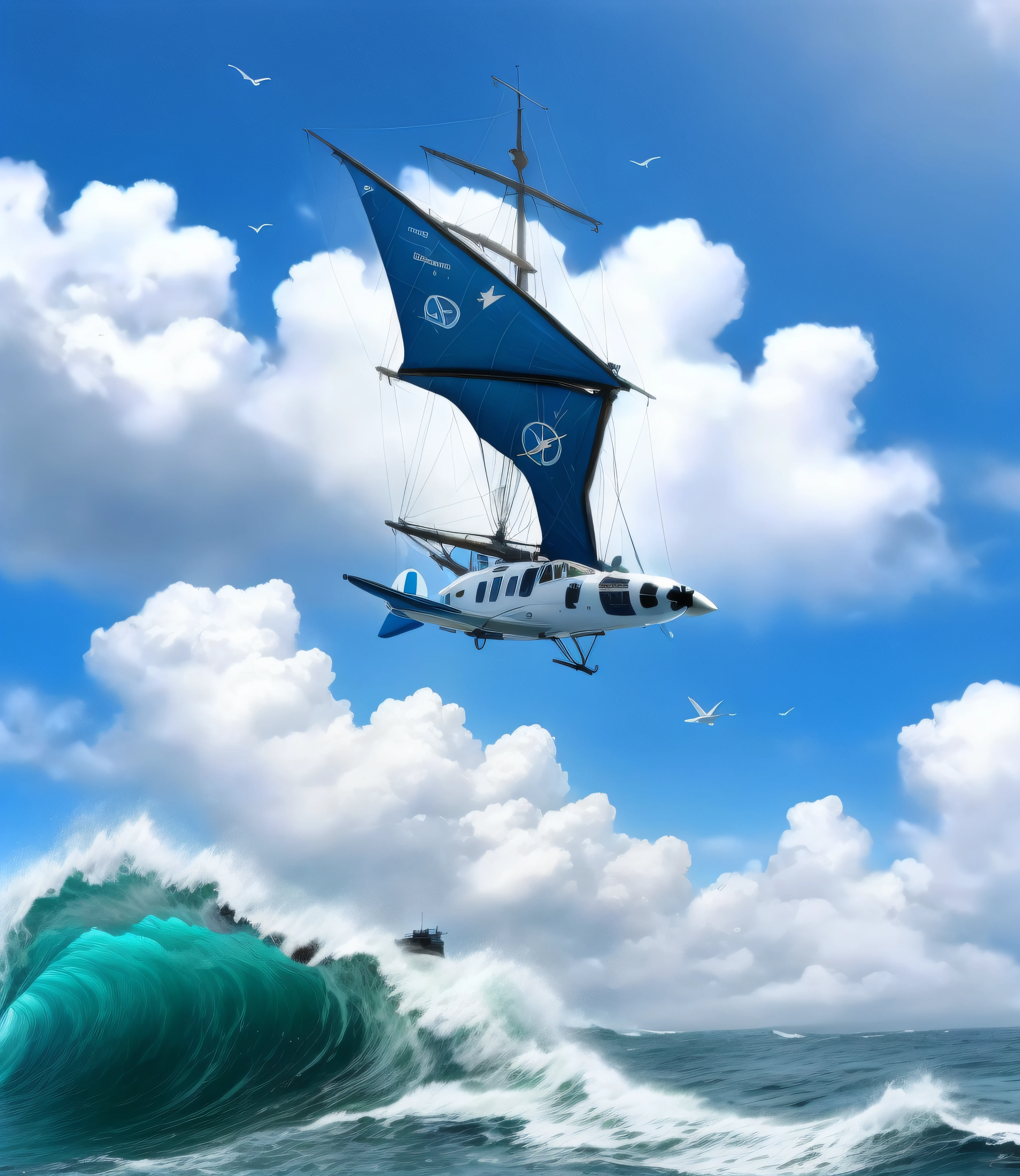 Super velero futurista volando entre las nubes y muy abajo el mar embravecido con olas enormes que se estrellan en los acantilados a lo lejos