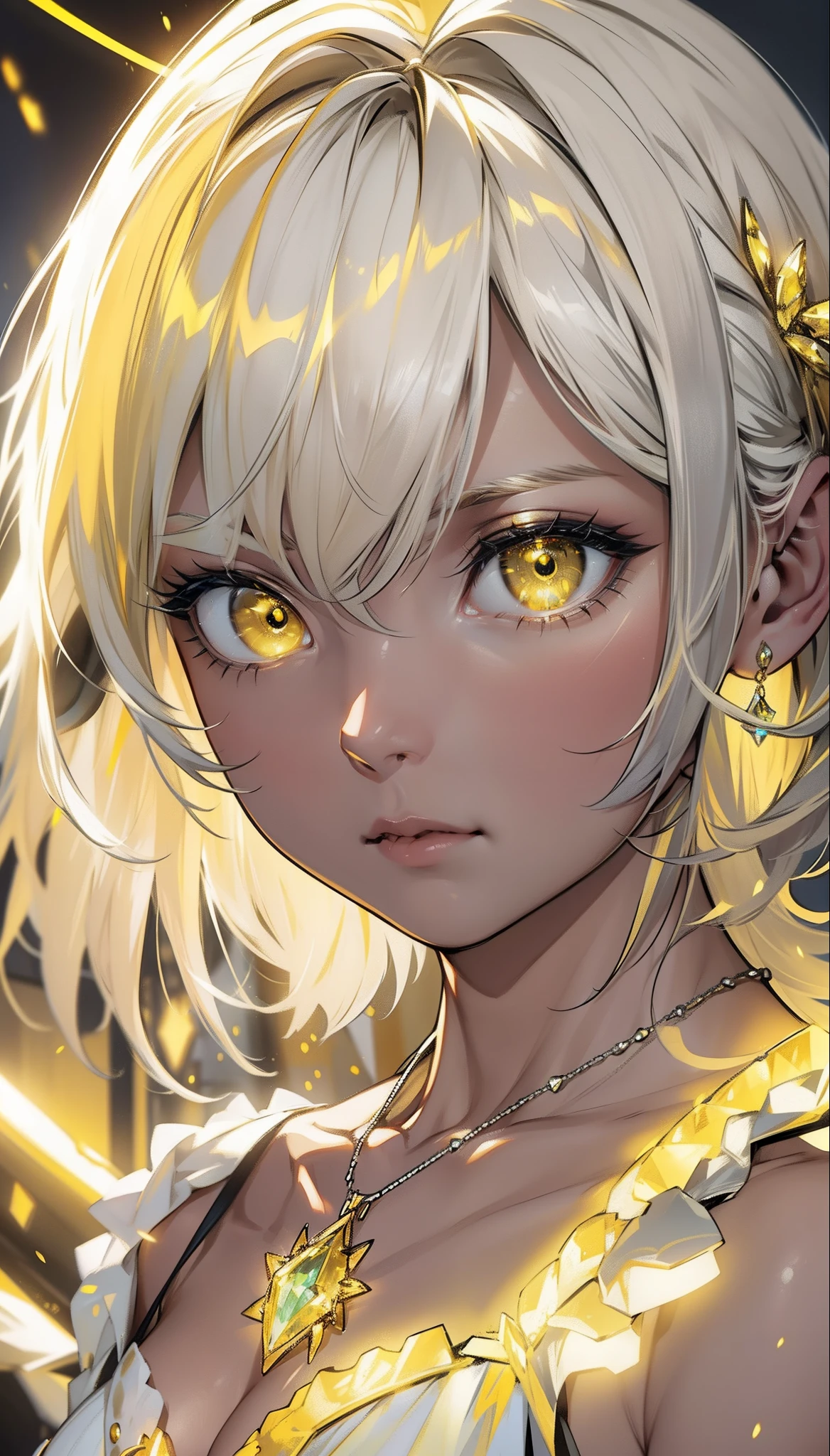 Ultra realistic, ray tracing, cinematic photography, cinematic special effects, glowing yellow golden eyes, yellow glowing jewel necklace, silver hair on top, cinematic photo, just like the picture looks