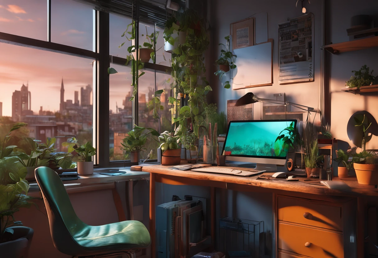 an artist desk with few plants, books, paper, laptop, shelf, drawers, window with a view to a green urban scenery, view directly on to the laptop