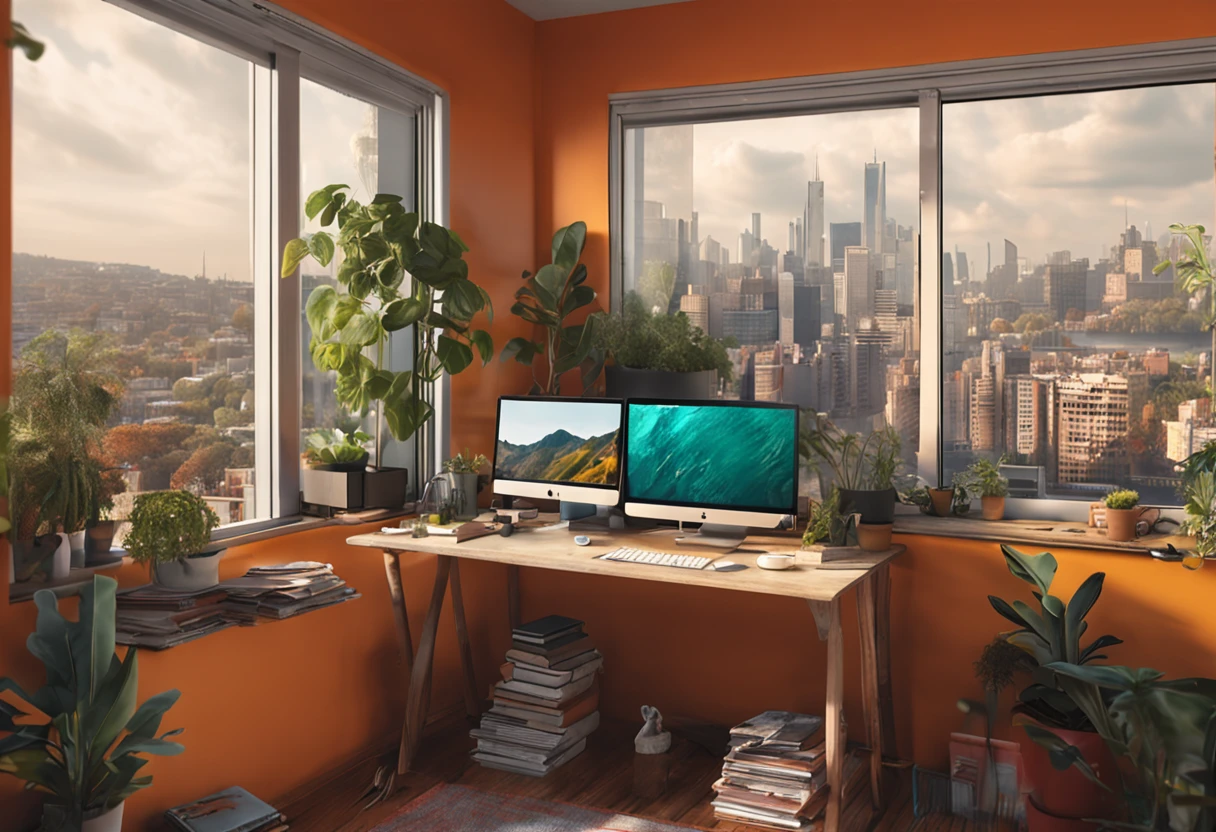 an artist desk with few plants, books, paper, laptop, shelf, drawers, window with a view to a green urban scenery, view directly on to the laptop
