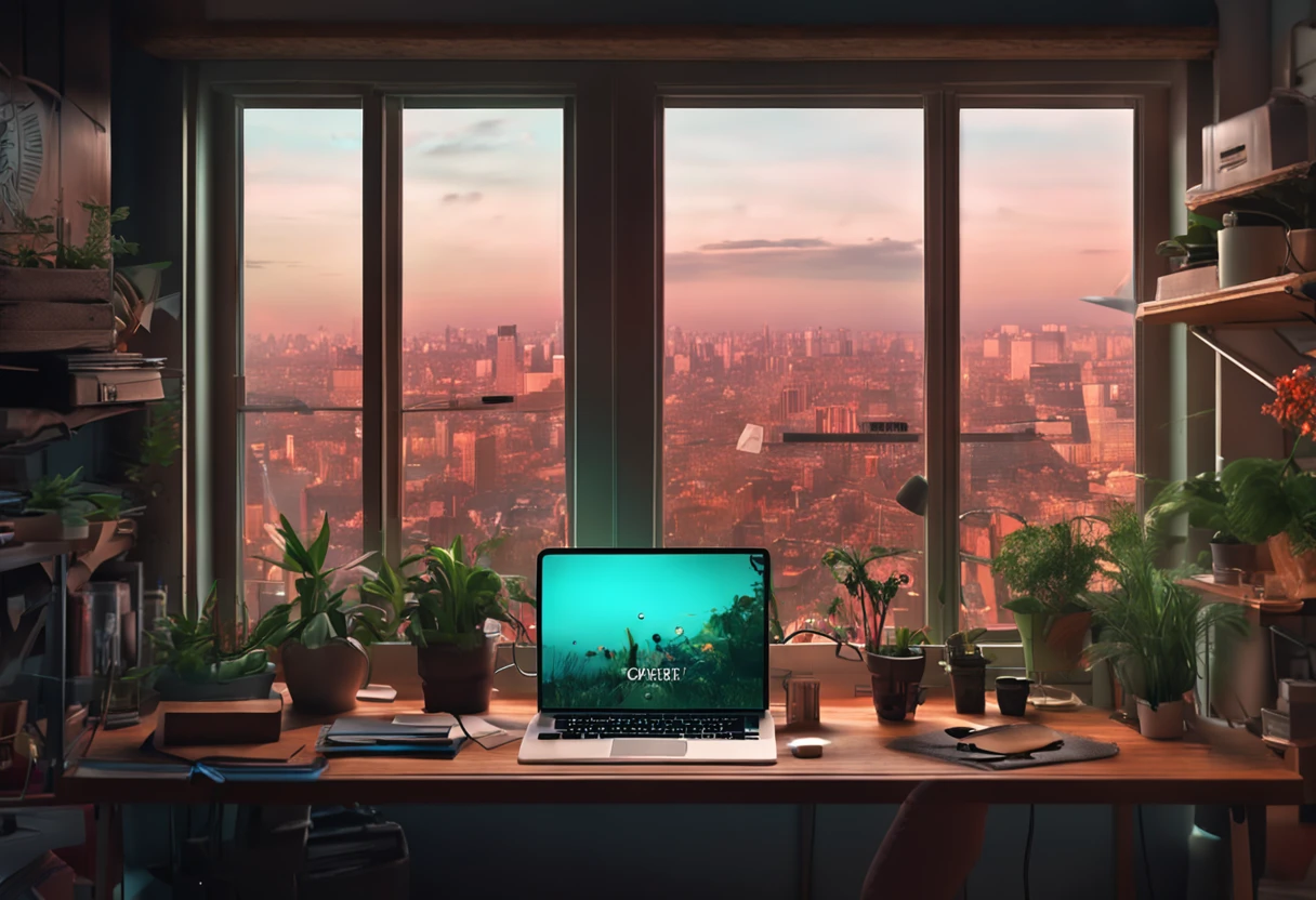 an artist desk with few plants, books, paper, laptop, shelf, drawers, window with a view to a green urban scenery, view directly on to the laptop