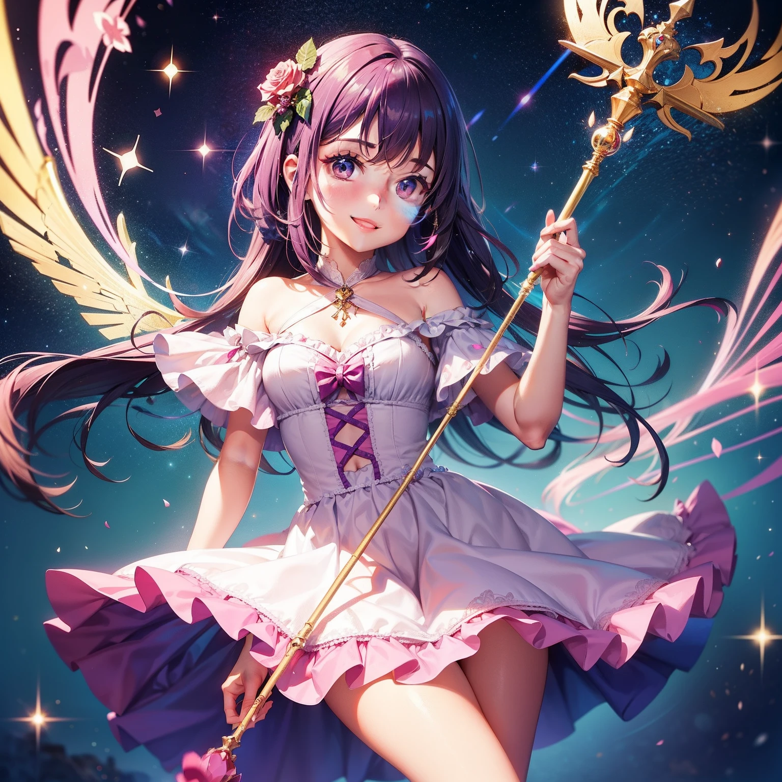 Garota fofa baixinha sorrindo, flies over the sky in the morning, usando roupas rosas e cheias de babados, while holding a childish magic staff at heart. Fundo desfocado, Magical pink sparkle and aura effects. Ponto de vista terceira pessoa, de baixo.