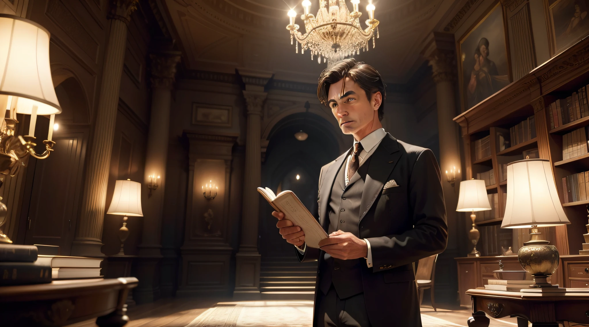 The image depicts a classic scene from an ancient, stately library, where rows of dark wood bookshelves stretch to the horizon. The atmosphere is serene, and soft lighting is provided by bronze chandeliers suspended from the high ceiling. Dusty books line the shelves, evoking a sense of history and tradition.
In the center of the image, a single person is standing in front of an open bookcase. The person, of mature age, wears formal clothes and holds an old book in his hands. However, the book is turned upside down, symbolizing the mistake mentioned in the sentence.
The expression on the person's face is a mixture of surprise and questioning as they realize their mistake. His eyes narrow slightly, and his brows are slightly furrowed. The person's pose is thoughtful, suggesting a pause as they realize their mistake.
The bookcase the person is standing on is richly detailed, with intricate wood carvings depicting mythological figures and ornate ornaments. The texture of the book's pages is visible, as are the small particles of dust suspended in the air, illuminated by the beams of light from the chandeliers.
The setting is enriched with details that emphasize the passage of time: the patina on the chandeliers, the worn rugs on the floor, and the signs of use on the shelves. The quiet, reverent environment reinforces the sense that a long-held misconception is being uncovered.
The predominant colors in the image are warm tones of wood, brown and gold, contrasting with the small details of polished metal in the chandeliers and sculptures. Subtle lighting creates delicate shadows, adding depth to the scene and bringing out details.
In short, the image captures the essence of misconception by portraying a timeless scene of discovery in a library. The central figure and the composition of the image emphasize the act of recognizing the error after many decades, while the historical atmosphere and the richness of details contribute to the photorealistic realism.