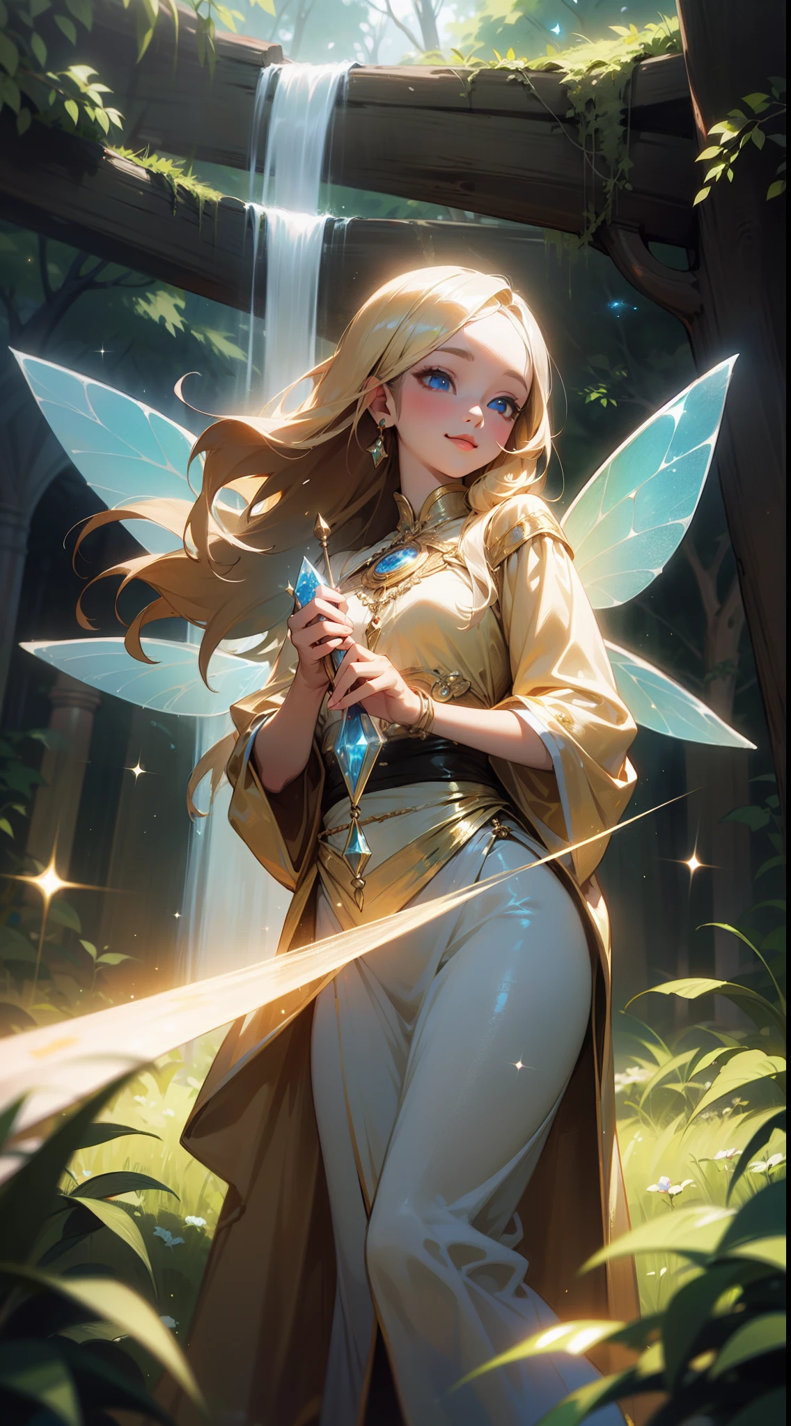 ((masterpiece)), best quality, 8k, high quality, high resolution, super detailed, ultra detailed, photorealistic, magical and finely detailed face and eyes, ultra detailed and detailed skin texture, enchanting eyes, perfect face, 1 girl, flowing golden hair, (enchanted gown), sparkling blue eyes, (fairy wings), (mystical aura), holding a crystal wand, standing in a radiant forest glade, ethereal expression, ((gentle smile)), day, sun-dappled meadow, shimmering waterfall, magical ambiance, (whispering breeze), (soft chimes), since time immemorial, Elara, mystical eyes, "Harry Potter" inspired background.