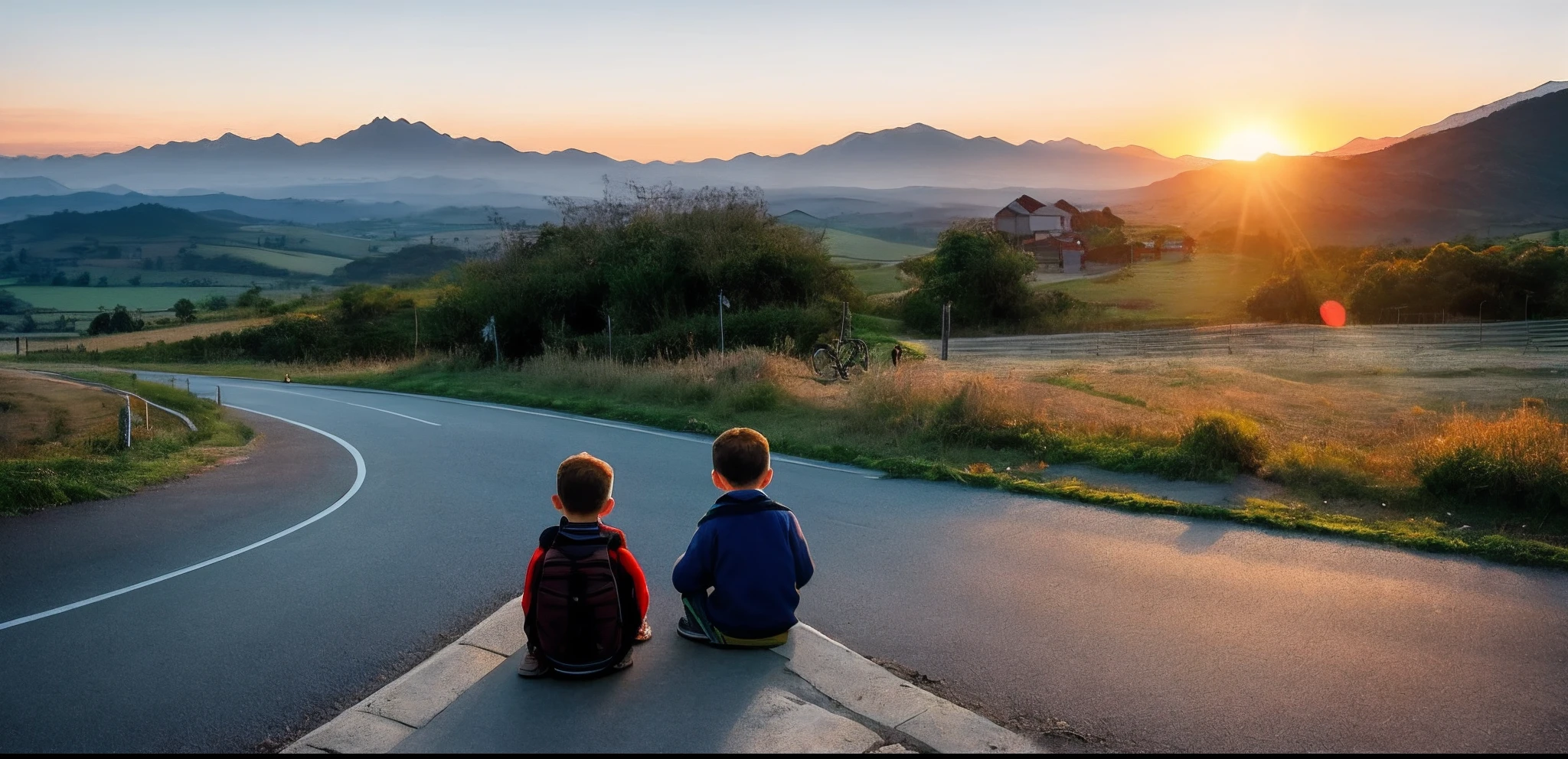 Opposite the winding road that surrounds the mountains,Boys and girls sit on the curb on this side,The boy pointed to the rural bus on the road opposite,The girl is looking at the boy,The sun is setting on the opposite hill