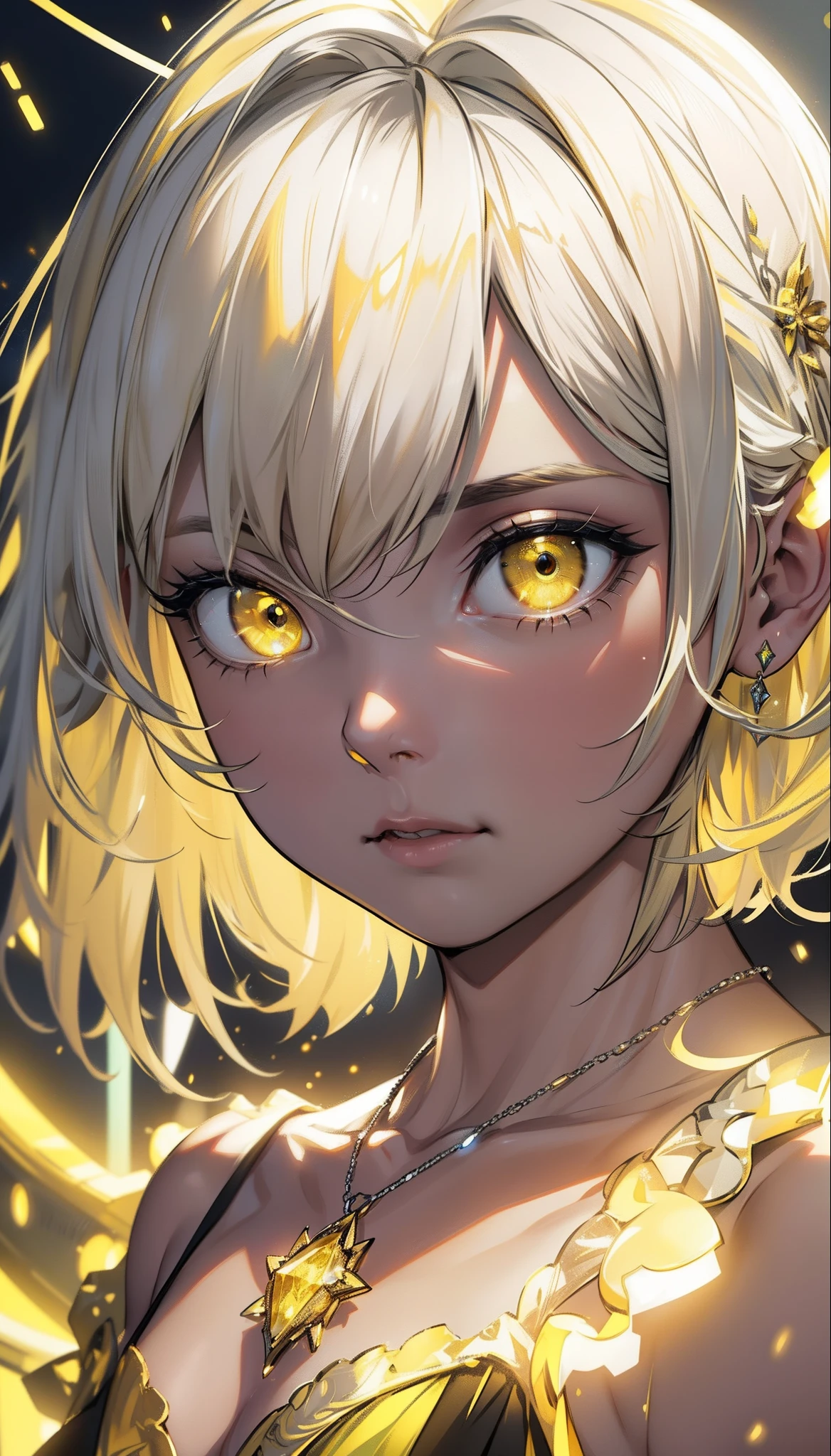 Ultra realistic, ray tracing, cinematic photography, cinematic special effects, glowing yellow golden eyes, yellow glowing jewel necklace, silver hair on top, cinematic photo, just like the picture looks
