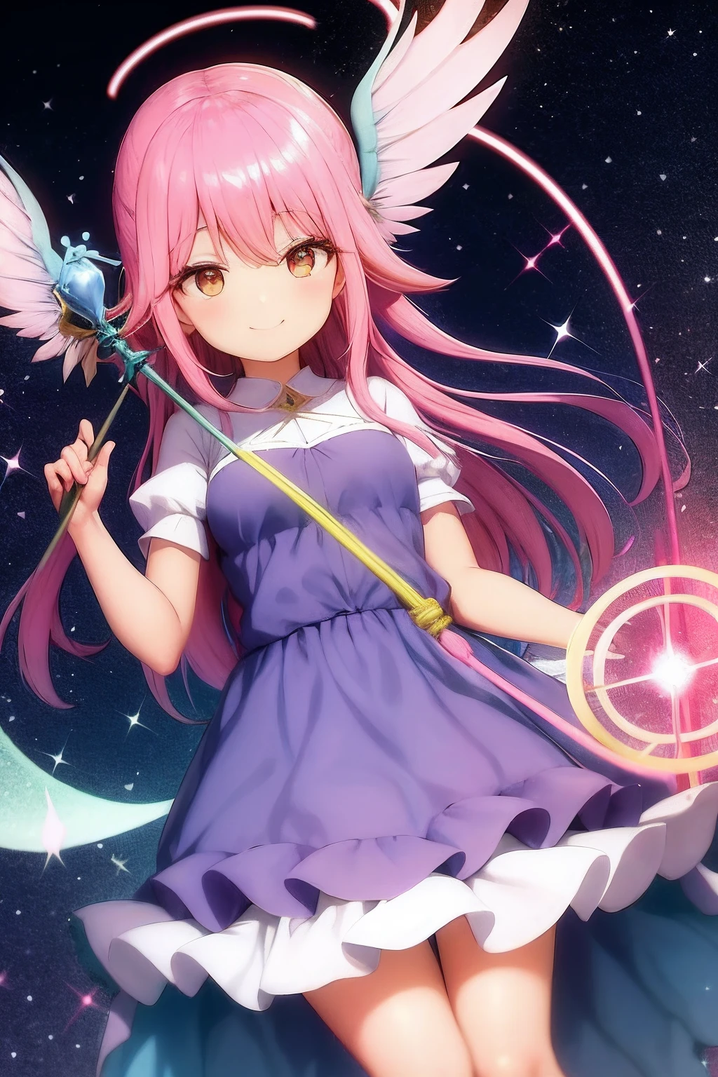 Garota fofa baixinha sorrindo, flies over the sky in the morning, usando roupas rosas e cheias de babados, while holding a childish magic staff at heart. Fundo desfocado, Magical pink sparkle and aura effects. Ponto de vista terceira pessoa, de baixo.