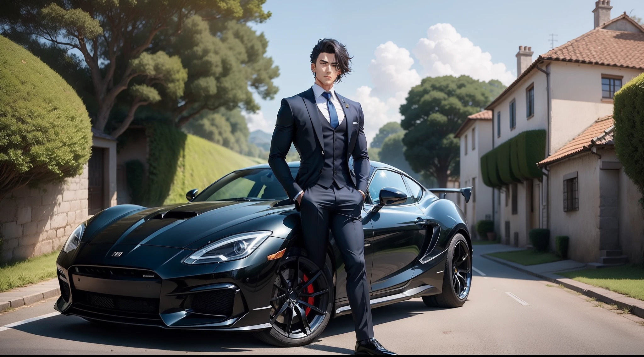 JUST A male anime character with an athletic body, cabelo preto, dress with classic gala suit, in a beautiful village with verdant fields and blue sky, With a sports car behind it 8k, bela imagem.