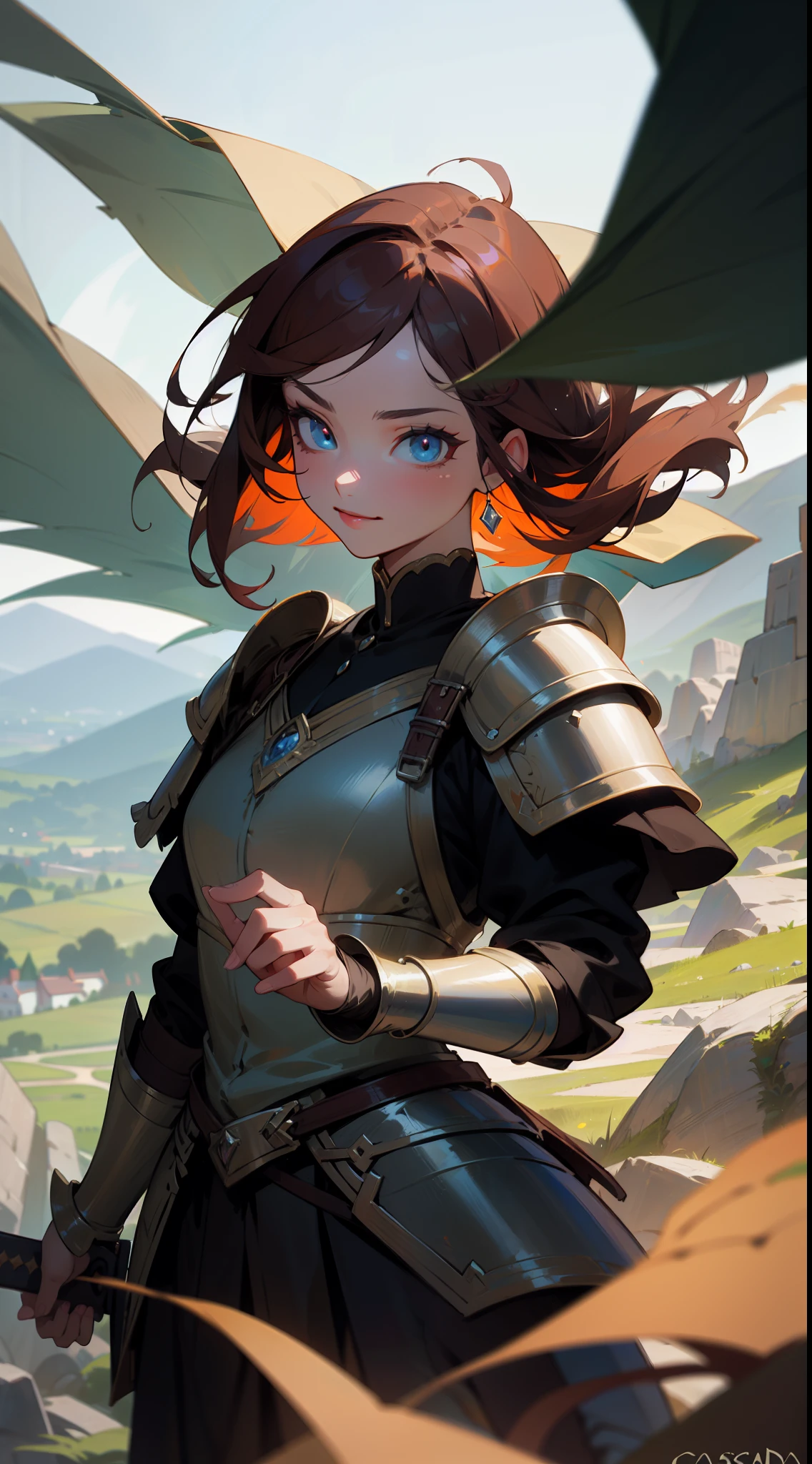 ((masterpiece)), best quality, 8k, high quality, high resolution, super detailed, ultra detailed, photorealistic, magical and finely detailed face and eyes, ultra detailed and detailed skin texture, mythical eyes, perfect face, 1 girl, cascading auburn hair, (warrior armor), fierce expression, (majestic aura), (ancient sword), standing atop a craggy mountaintop, overlooking a kingdom below, determined gaze, ((resolute smile)), day, vast landscapes, rolling hills, epic adventure, (trumpeting winds), (majestic panorama), since ages past, Arya, valiant eyes, "The Chronicles of Narnia" inspired background.