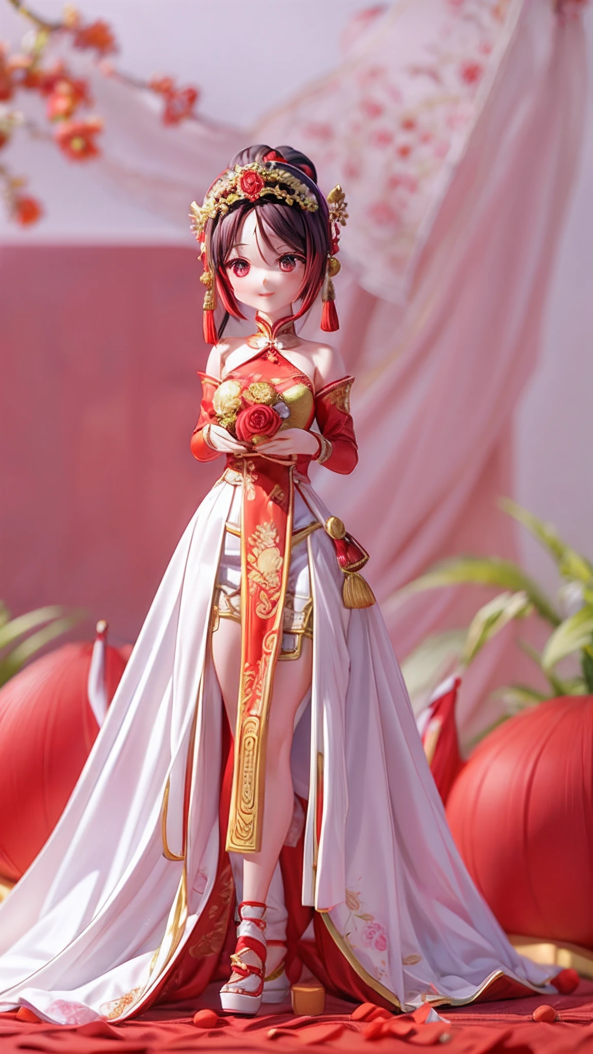 full bodyesbian,Figure blind box,fundo vermelho,solo, 1 Lovely bride,red Chinese wedding costume,An expression of happiness,tmasterpiece,Bokeh