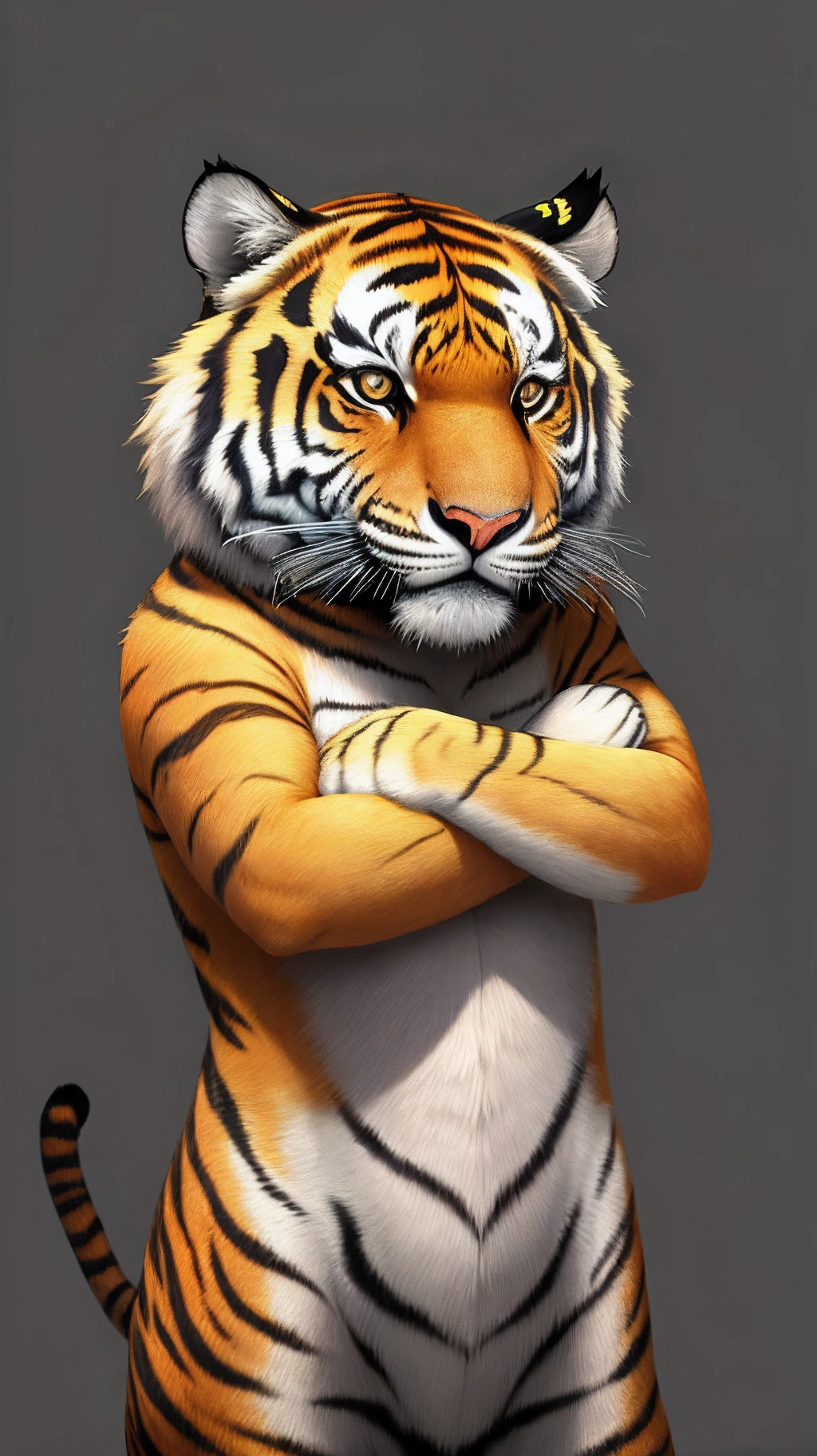 Create a sad tiger with its arms crossed as if it were a logo of a shirt right on the shirt left chest