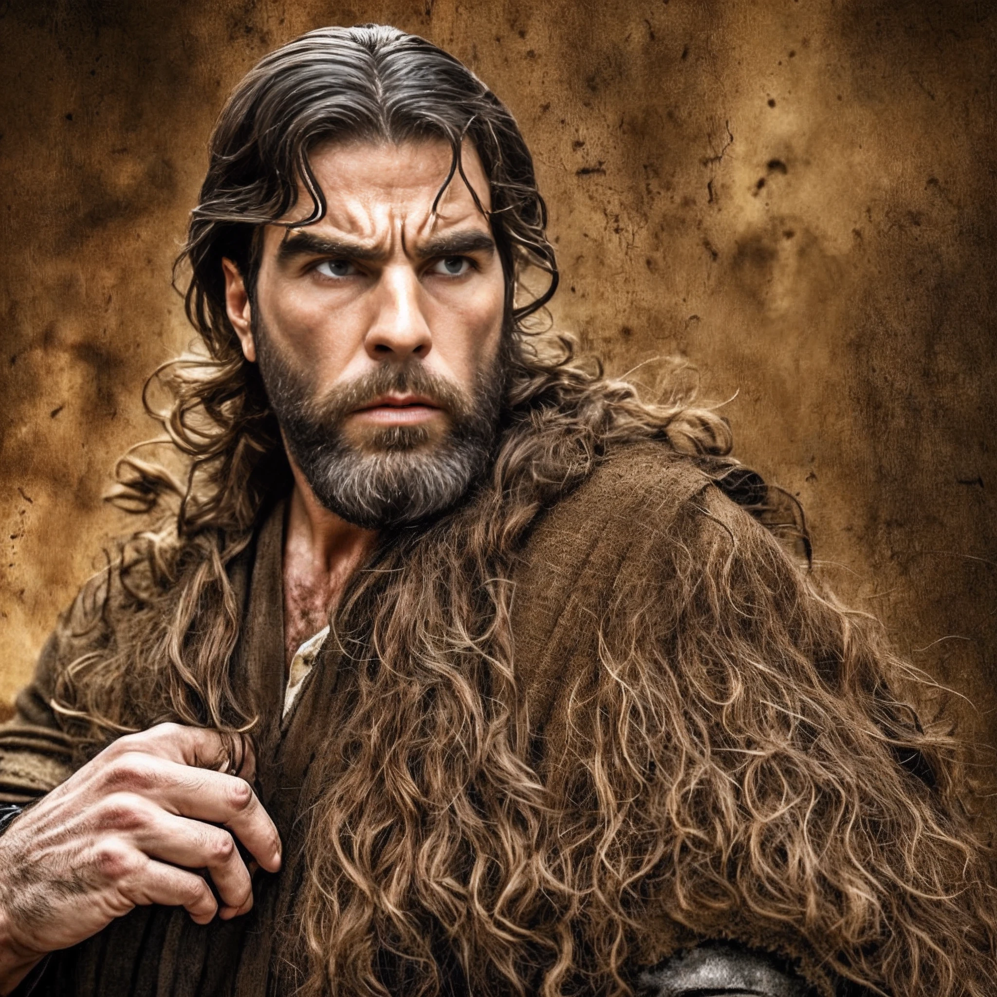A man with a beard, sad, anguished, ugly, wider image, promotional image, biblical clothing, still from a live-action film, filmed film, Diego Fazio, Zachary Quinto, edited --auto --s2
