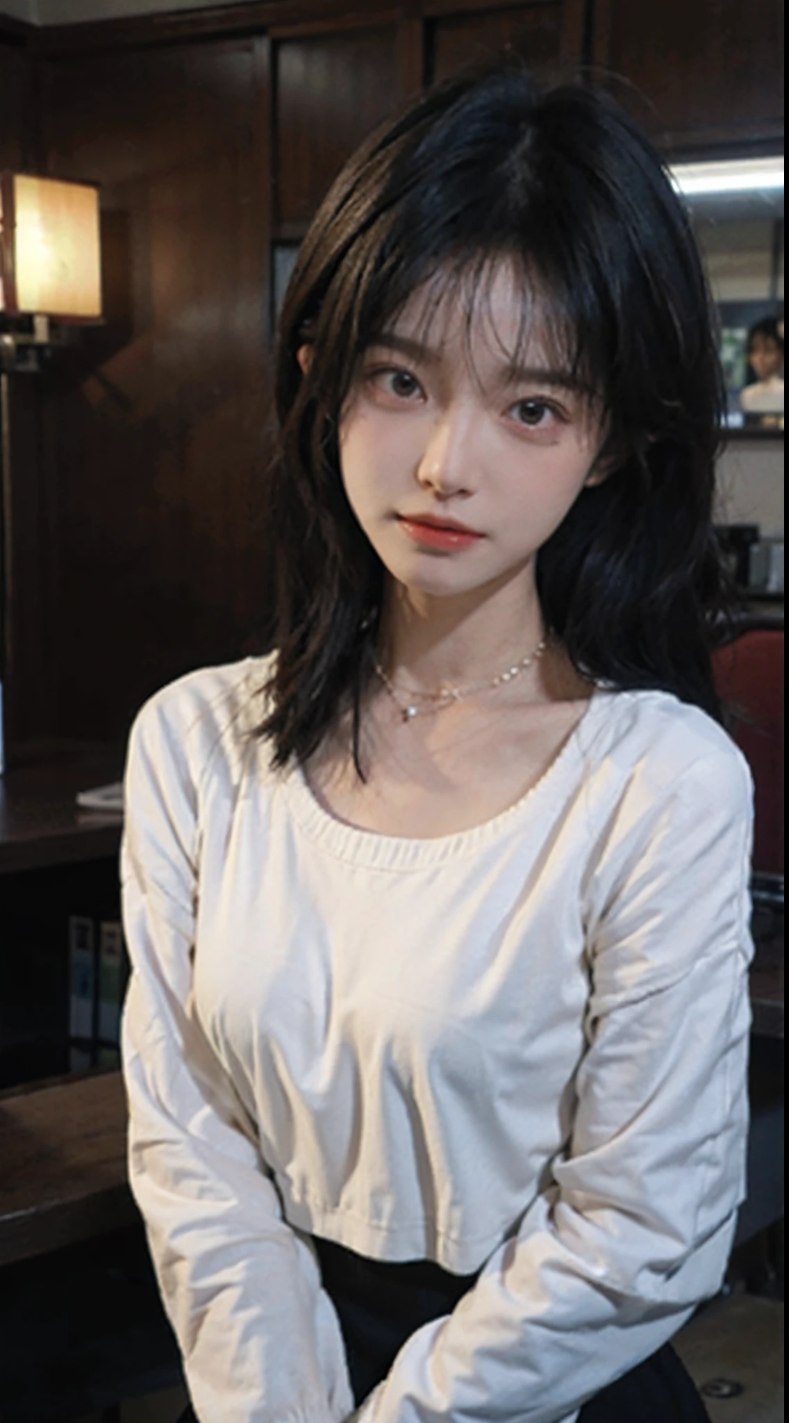 best qualtiy, 超高分辨率, (realisticlying:1.4),Baoyu Girl,1girll, with long coiled hair,Blushlush,Looking into the distance,nedium breasts,Cropped red sweater,a sense of atmosphere,Beautiful woman with a slim figure:1.4, Abs,Ultra-fine face,Elaborate Eyes,二重まぶた,choker necklace
