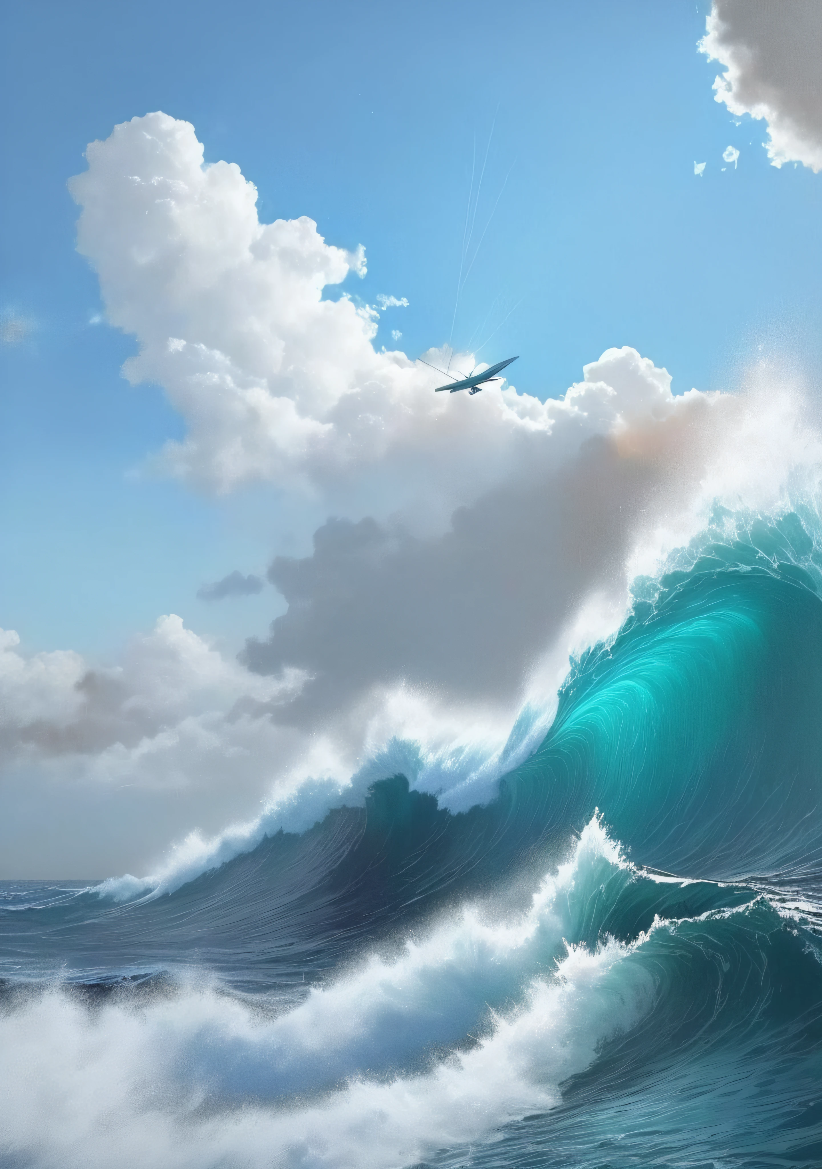 Super velero futurista volando entre las nubes y muy abajo el mar embravecido con olas enormes que se estrellan en los acantilados a lo lejos