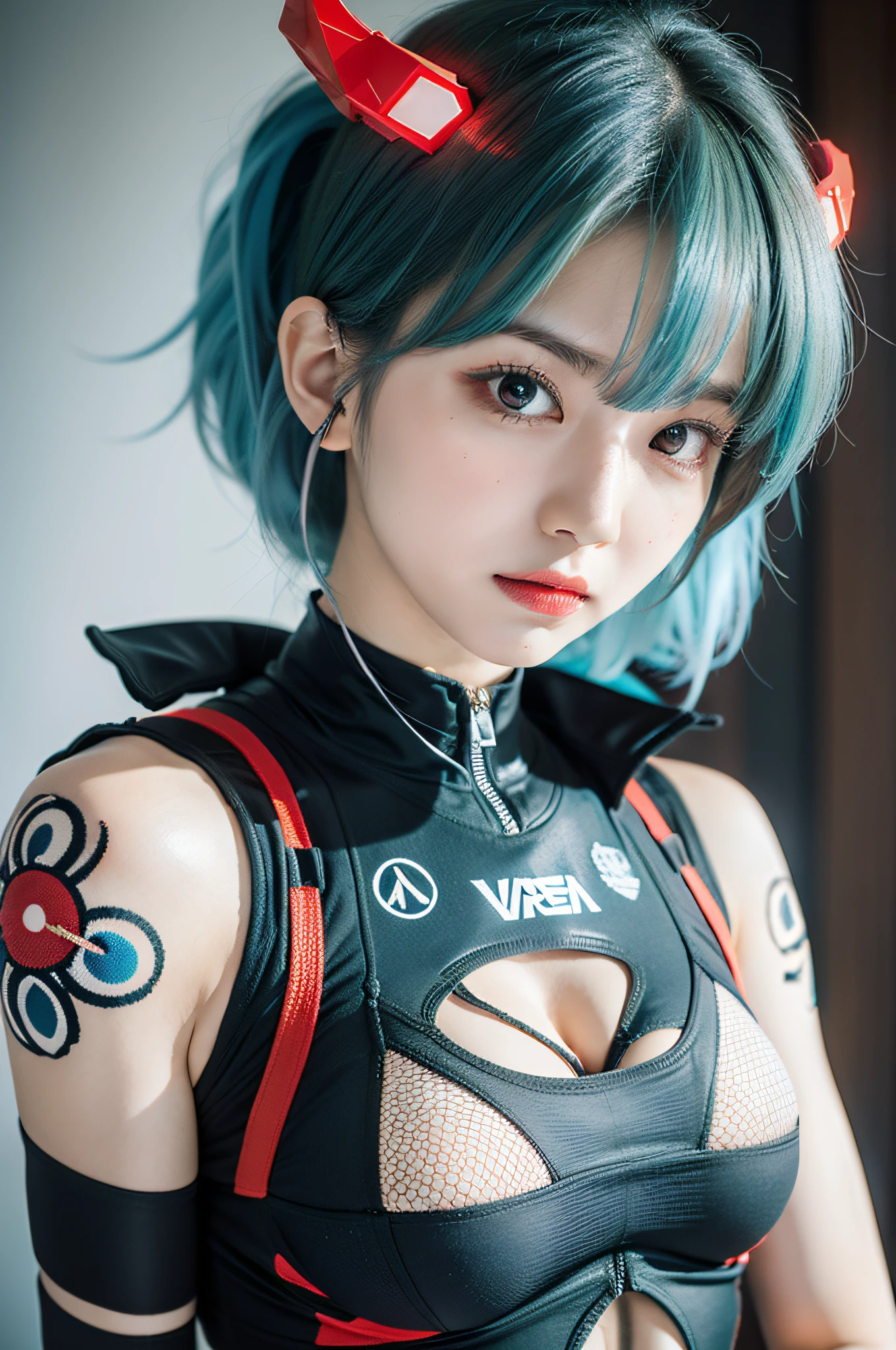 Solo shot of an idol similar to Eri Kamei, 『Evangelion New Theatrical Version』Cosplay as Rei Ayanami. She should have blue hair, Red Eyes, and pale skin. She wears Rey's iconic white plug suit, Decorated with white bandages. Her stoic expression is evident, Eta、The interface headset is prominently displayed on her head. The background should suggest the world of Evangelion, Probably inside NERV. Lighting should emphasize the features of idle, Especially her red eyes and blue hair.
Medium: photography
style: Anime meets reality, Blending Evangelion's anime aesthetics with real idol photography.
Lighting: Soft but dramatic, Emphasizes the contrast between her pale skin and the vibrant colors of her outfit.
Colors: Dominant Blue and White, reddish.
Composition: dslr camera, 85mm lens, Sharp-focus on idle background slightly blurred for depth.
--ar 16:9 - V5.1 --Style raw --Q 2 --S 750